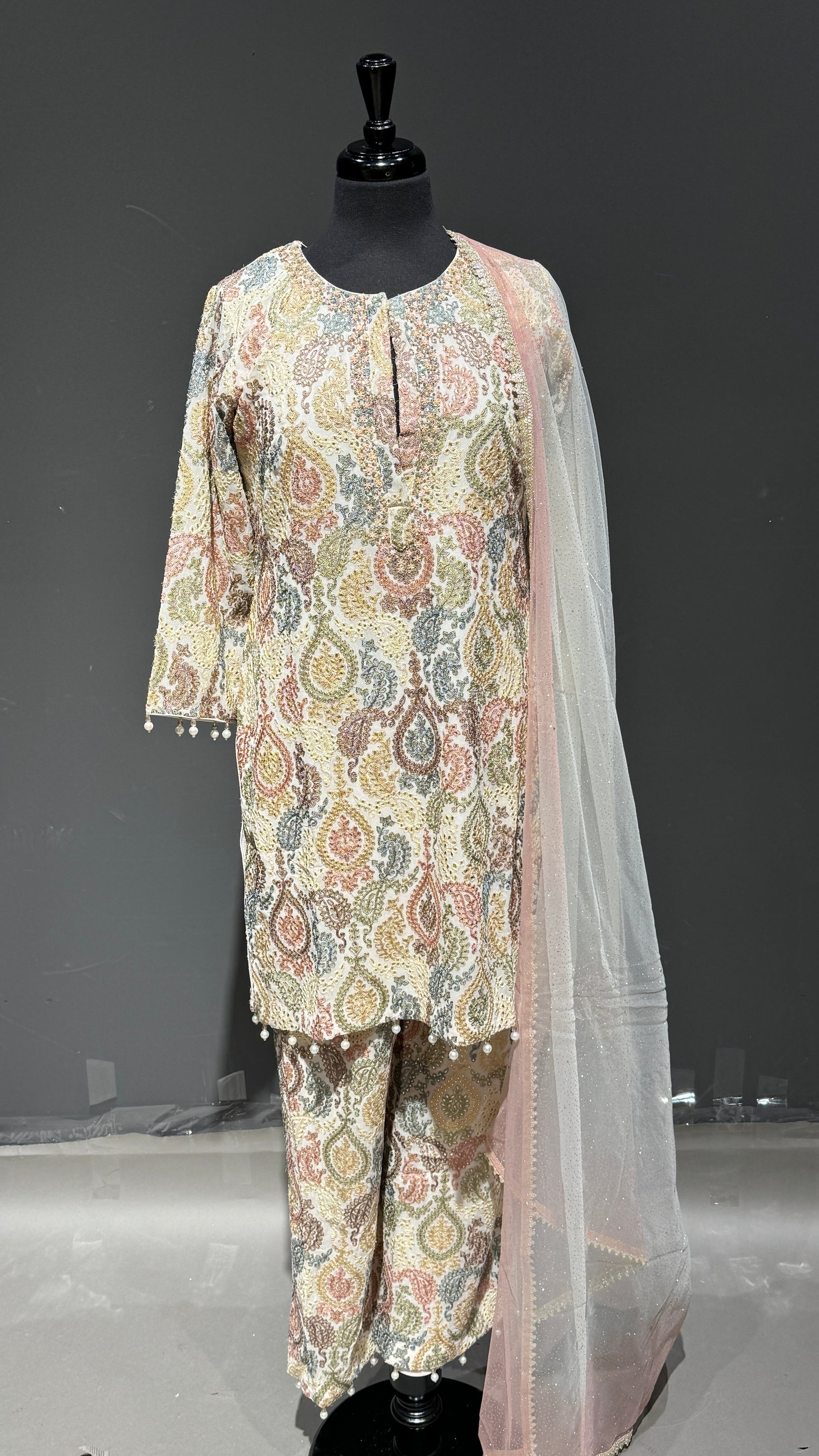 Multicolor Thread work Pant Suit with Pearl Finishing Tassles