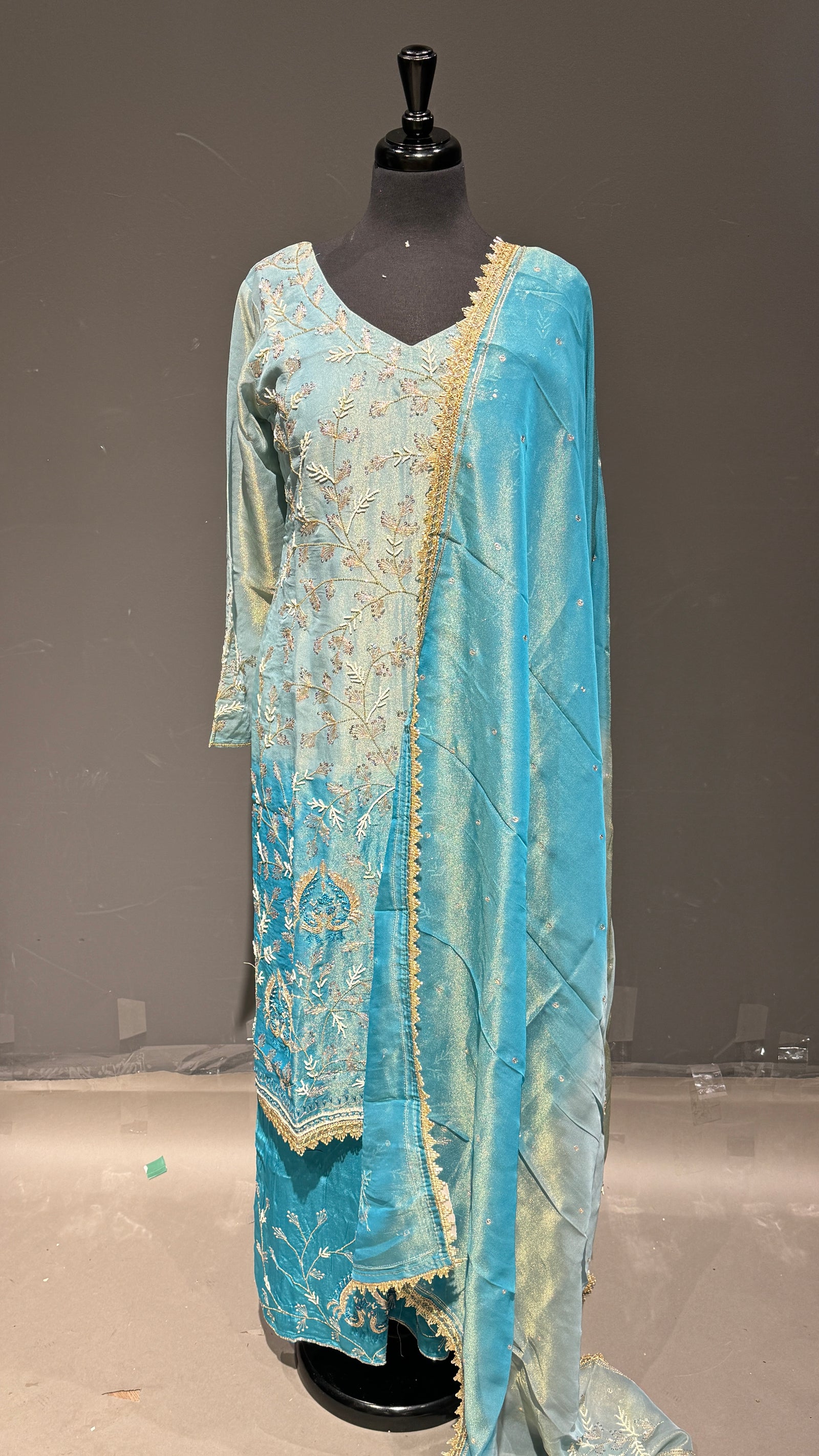 Embroidered Plazzo Suit with Net Dupatta