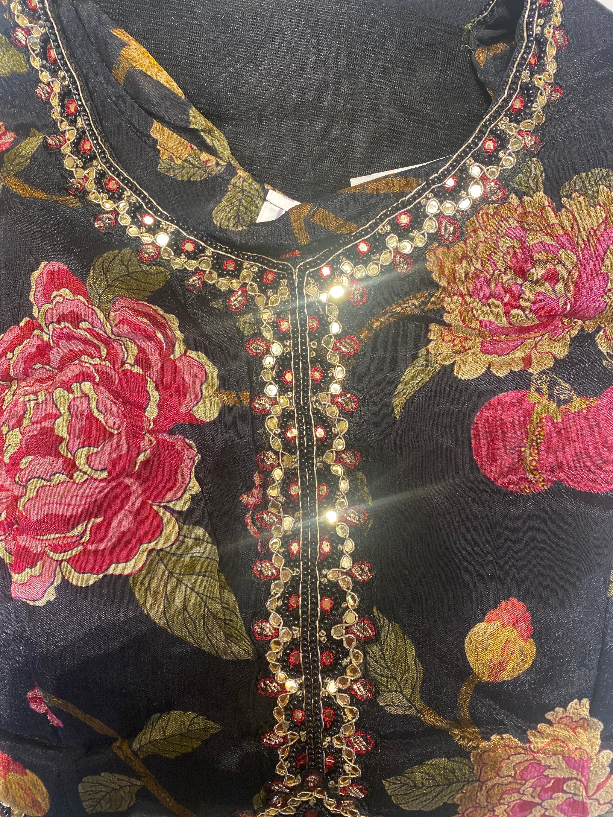 Floral Printed Anarkali Suit with Neck Embellishment