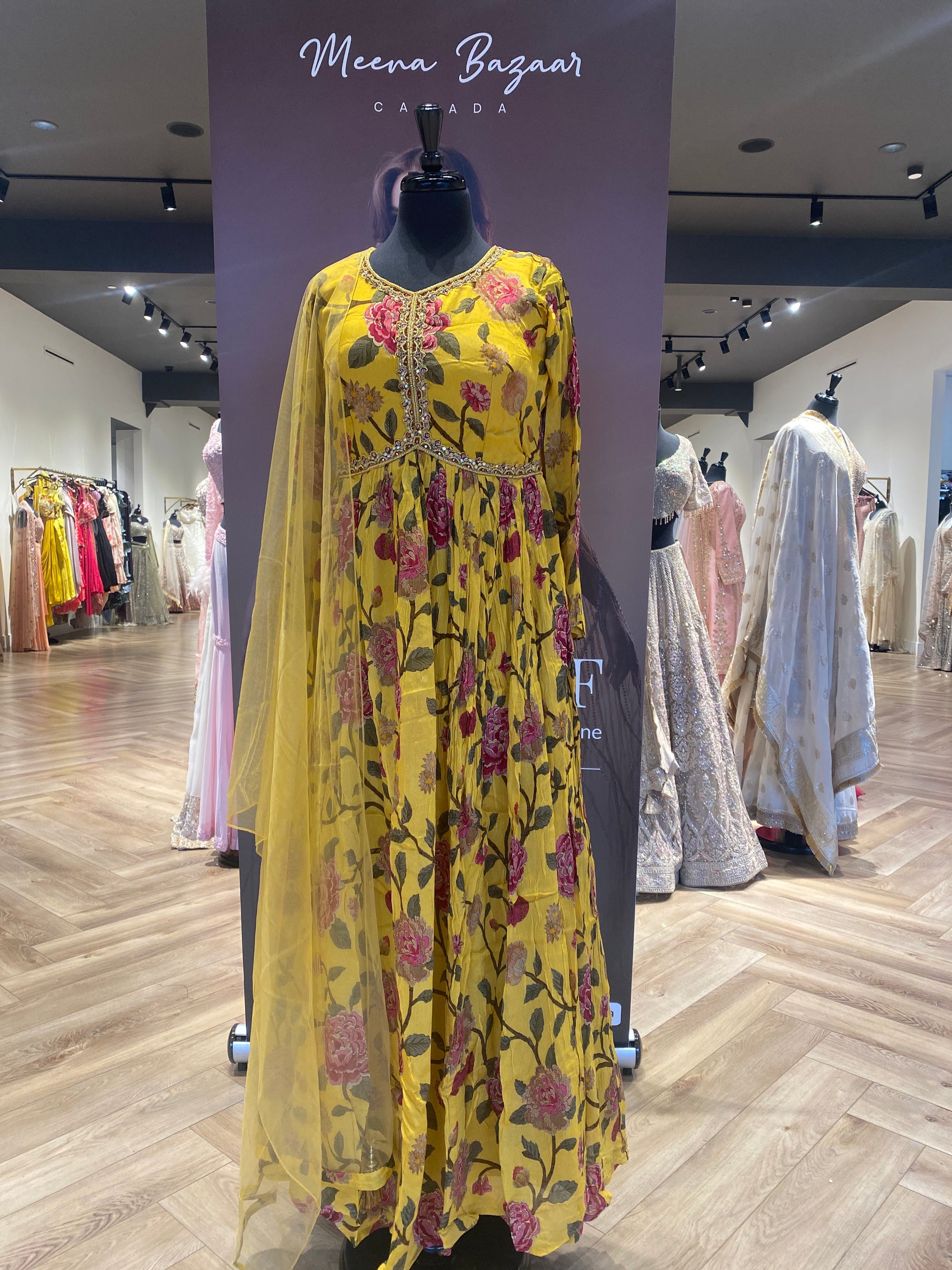 Floral Printed Anarkali Suit with Neck Embellishment