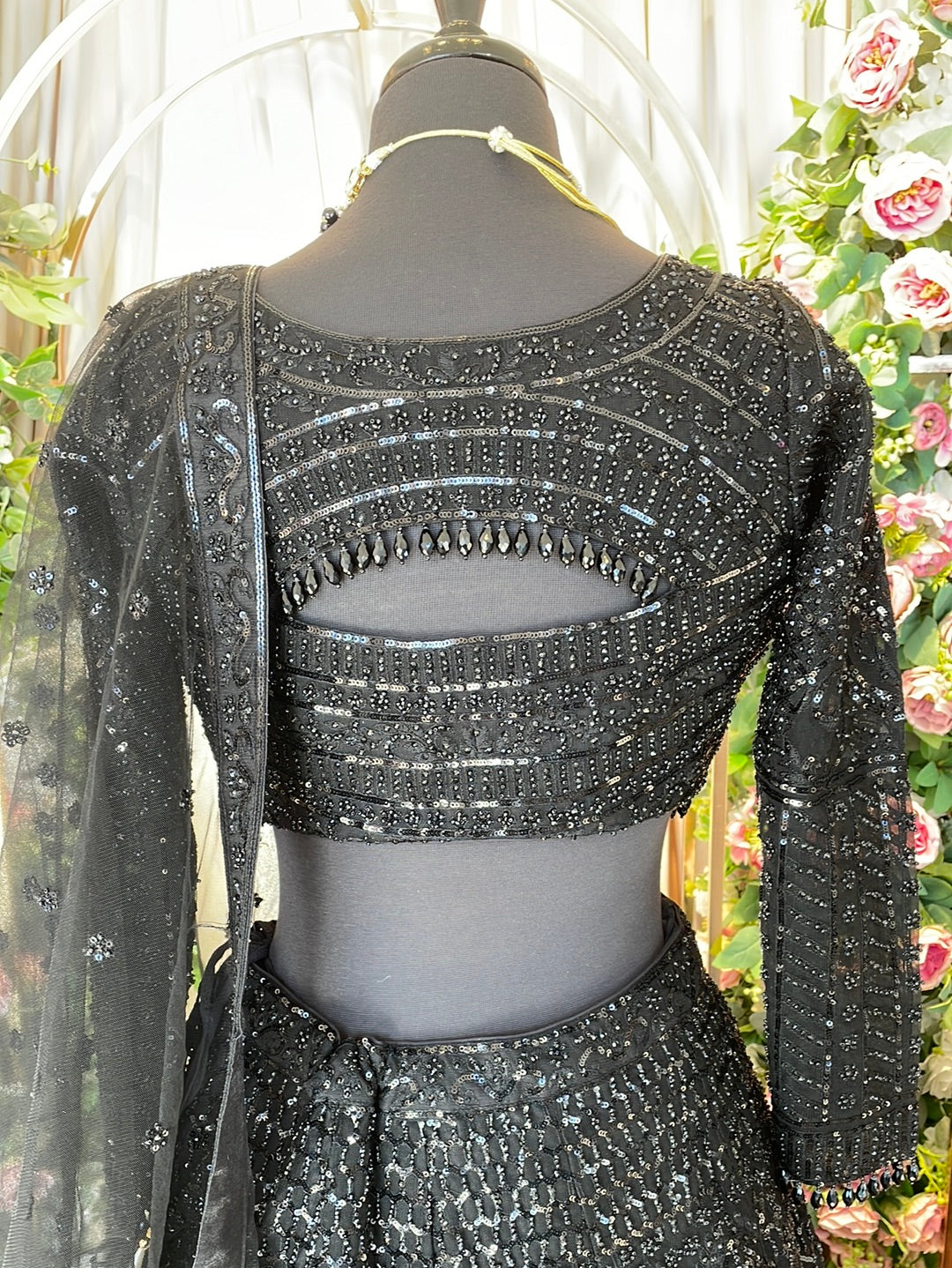 Luminous Black Sequins And Pearl Lehenga With Full Sleeve Blouse