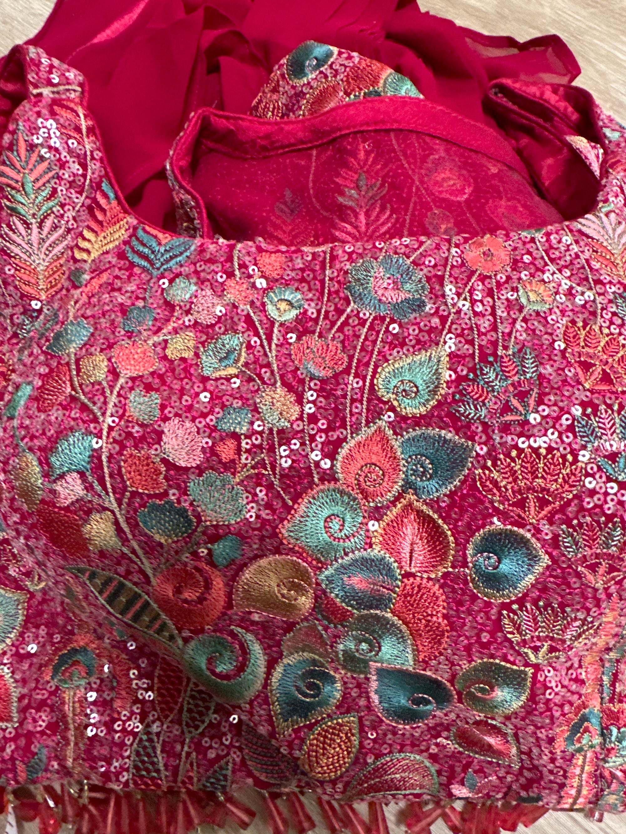 Floral Sequin Thread Embroidery Blouse with Plain Sharara