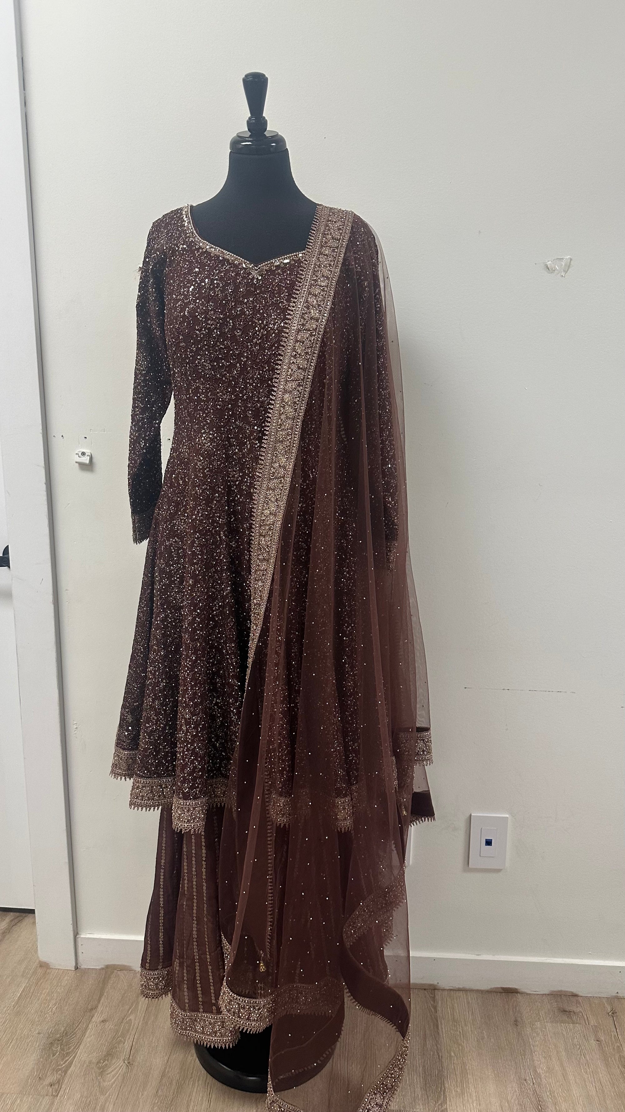 Mocha Anarkali Sharara Suit