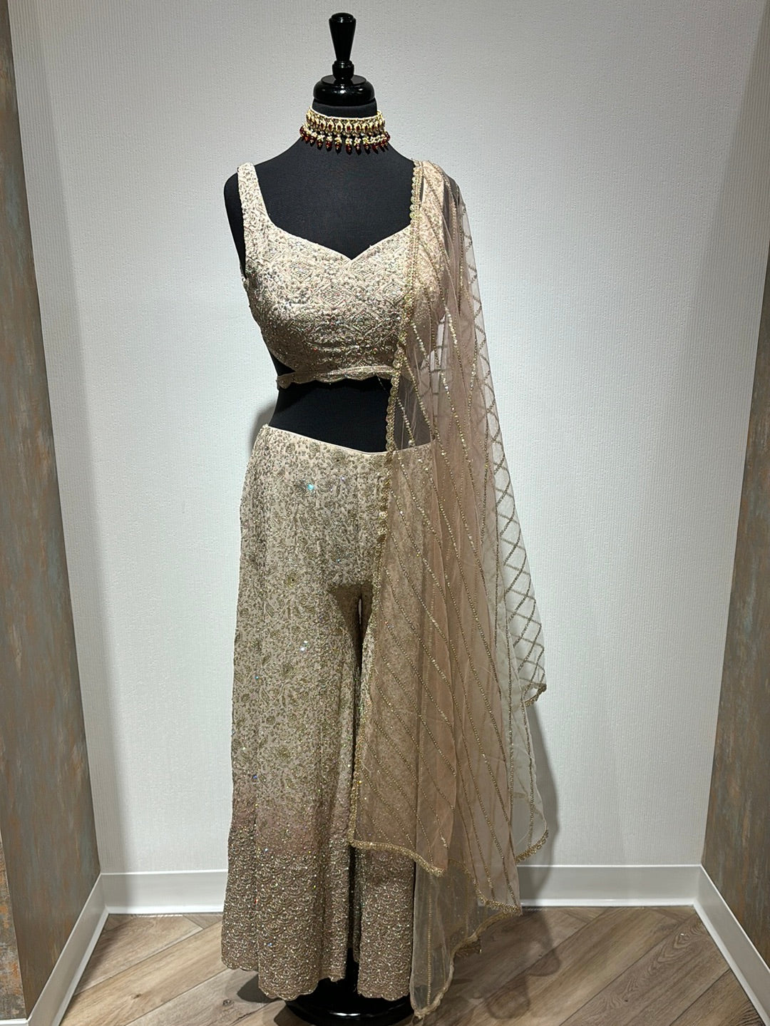 Staggering sequins crop top sharara with backless top