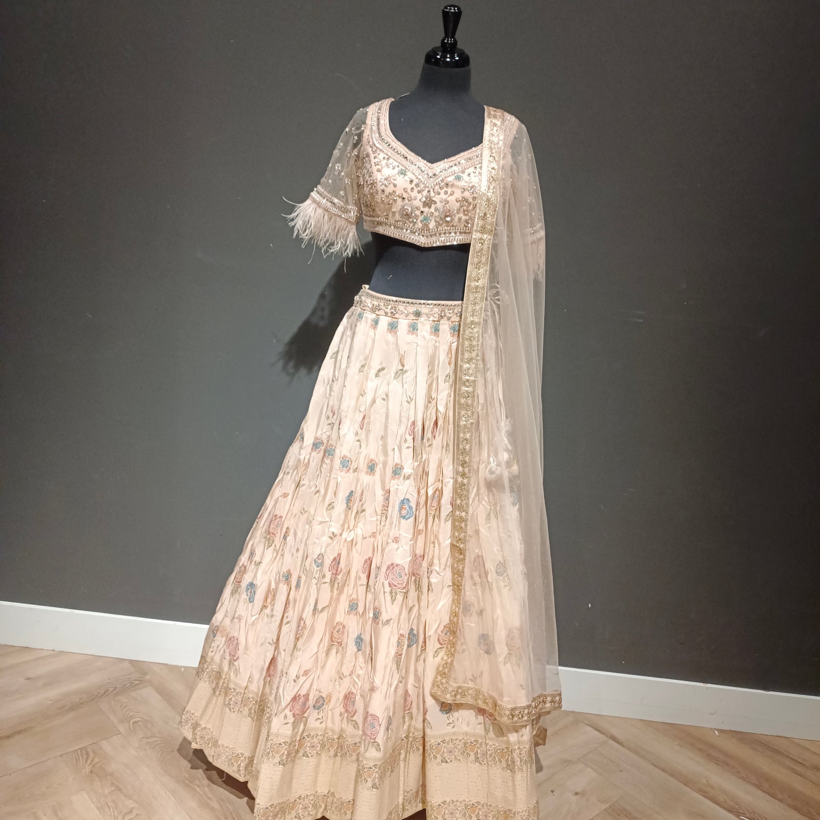 Stylish Lehenga with Feathered Sleeve Details