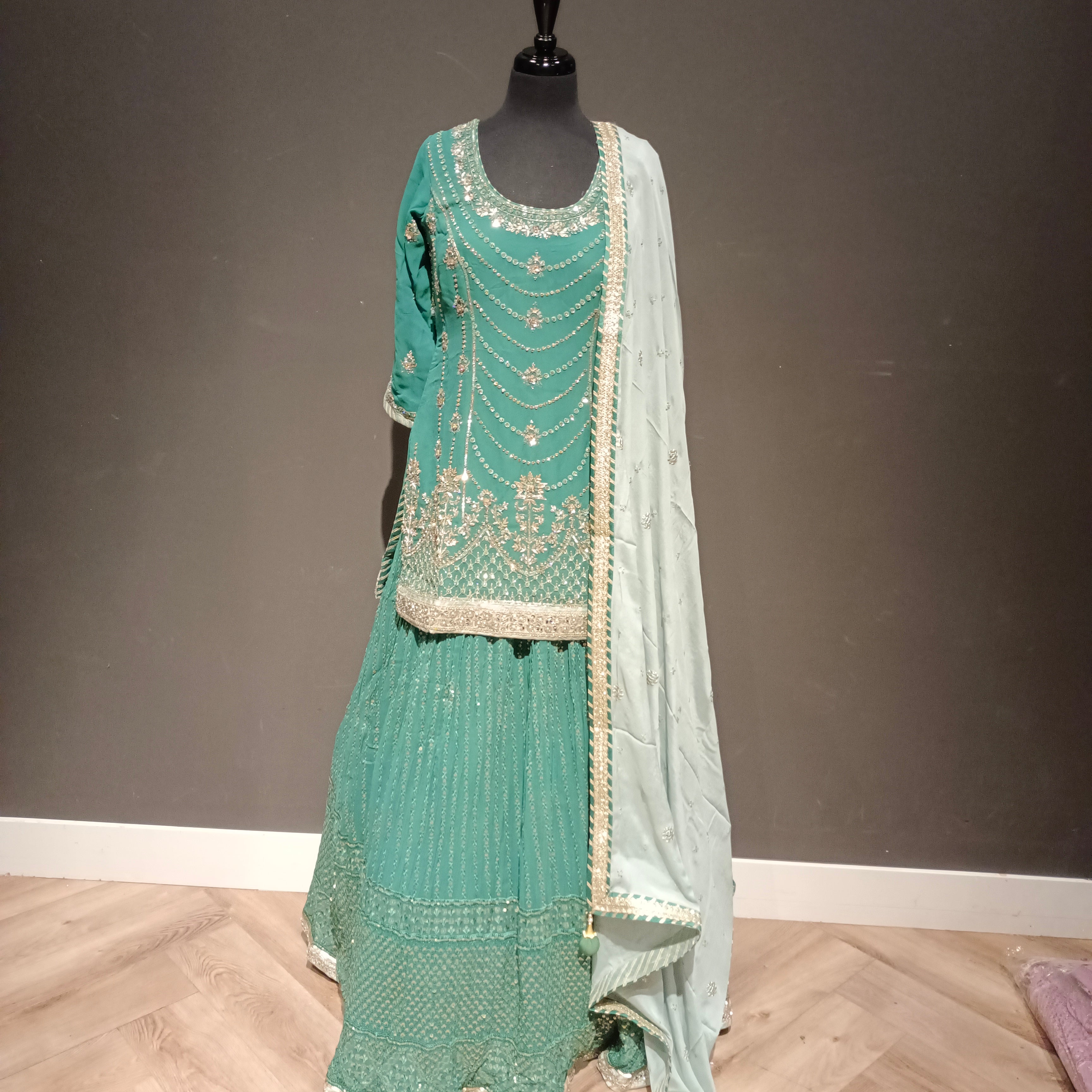 Embroidered Lehenga with long shirt & contrast dupatta