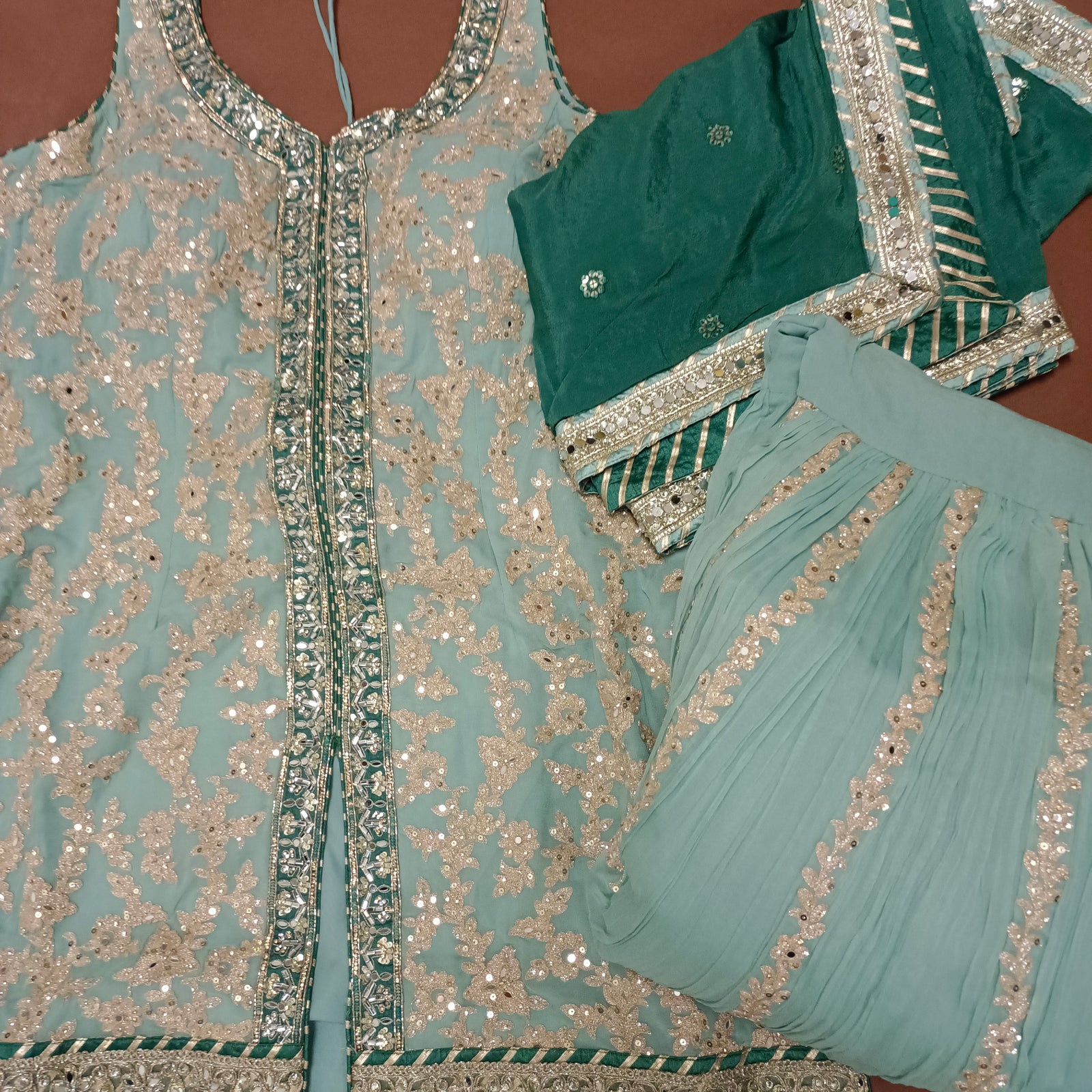 Thread work gharara suit with contrast dupatta