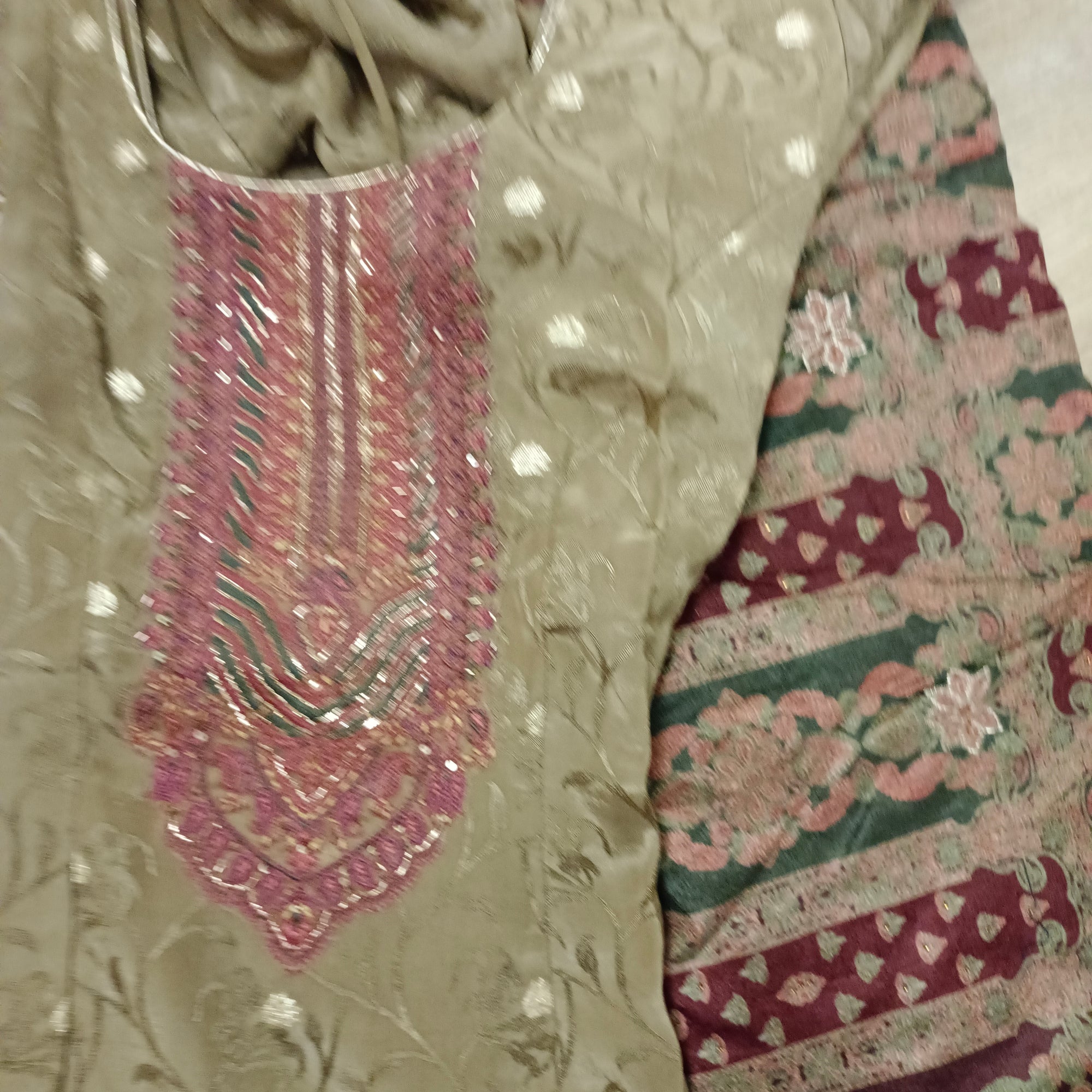 Embroidered Pant suit with printed dupatta