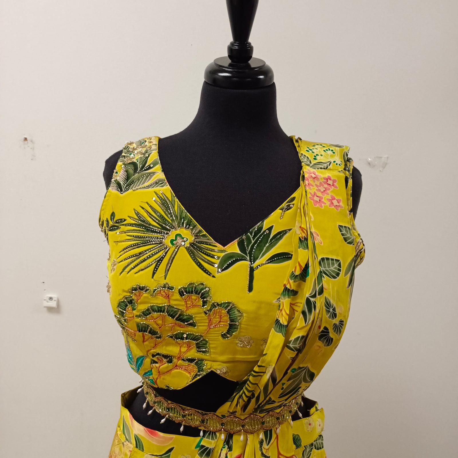 Floral mustard drape skirt with embroidered blouse & sling bag