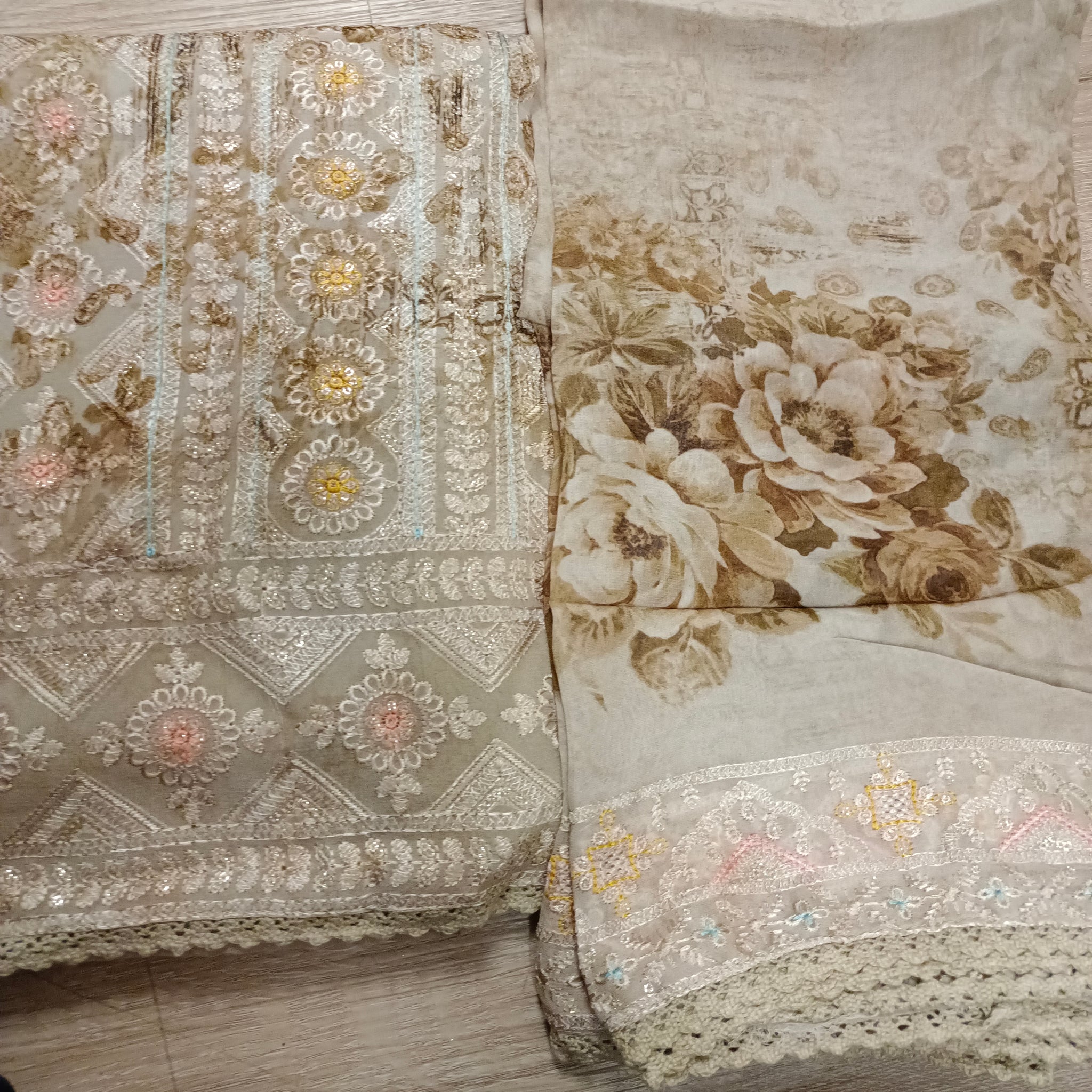 Printed chikankari work style unstitched suit