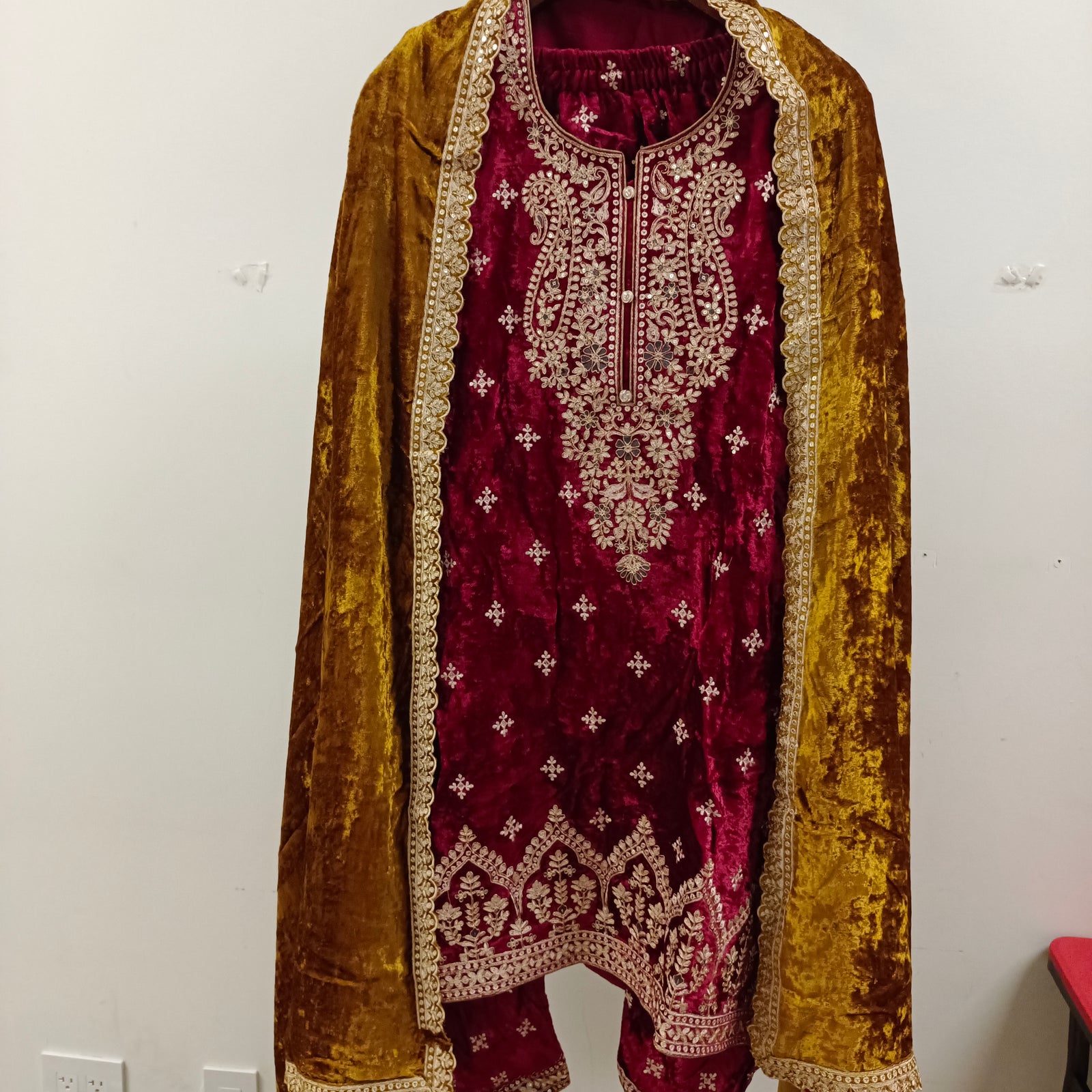 Velvet embroidered suit with tulip pants & contrast dupatta
