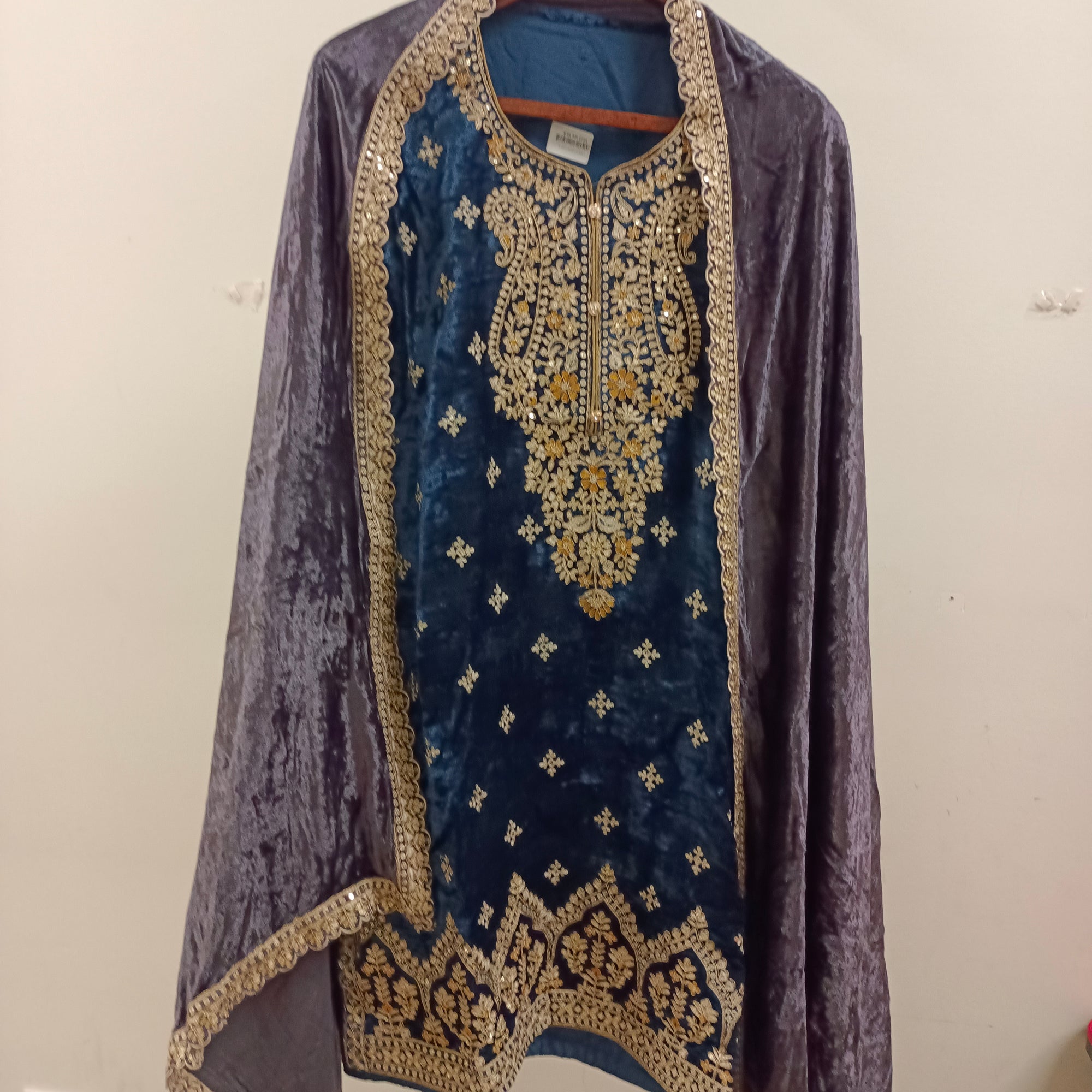 Velvet embroidered suit with tulip pants & contrast dupatta