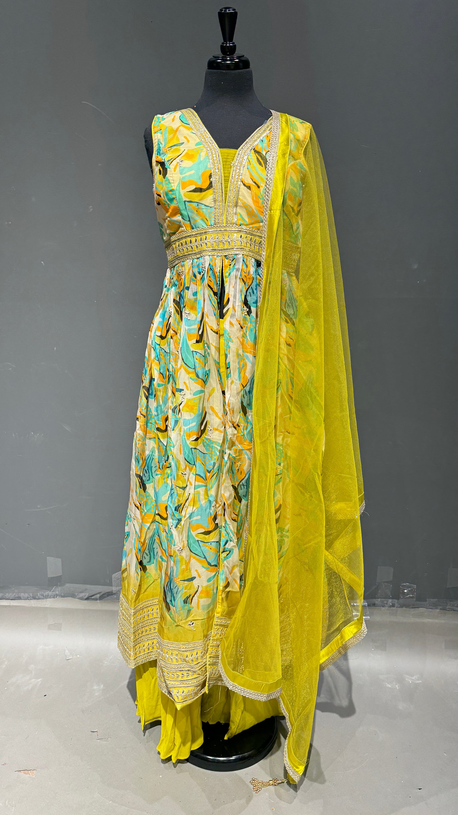 Buoyant Anarkali with Half Sleeves, Printed Design, and Embroidery