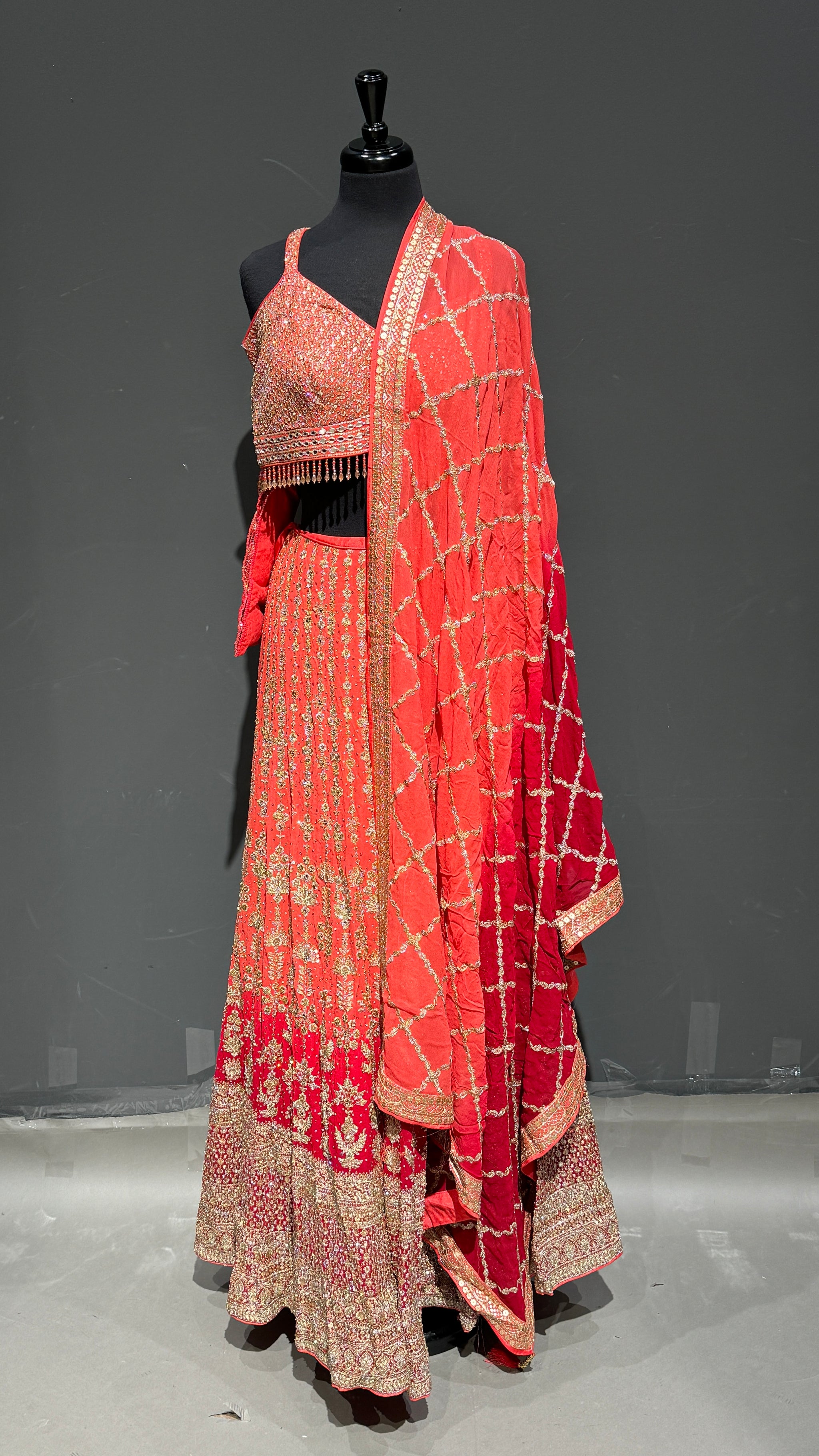 Double Shaded Sequins Lehenga with Mirror Work & Net Dupatta
