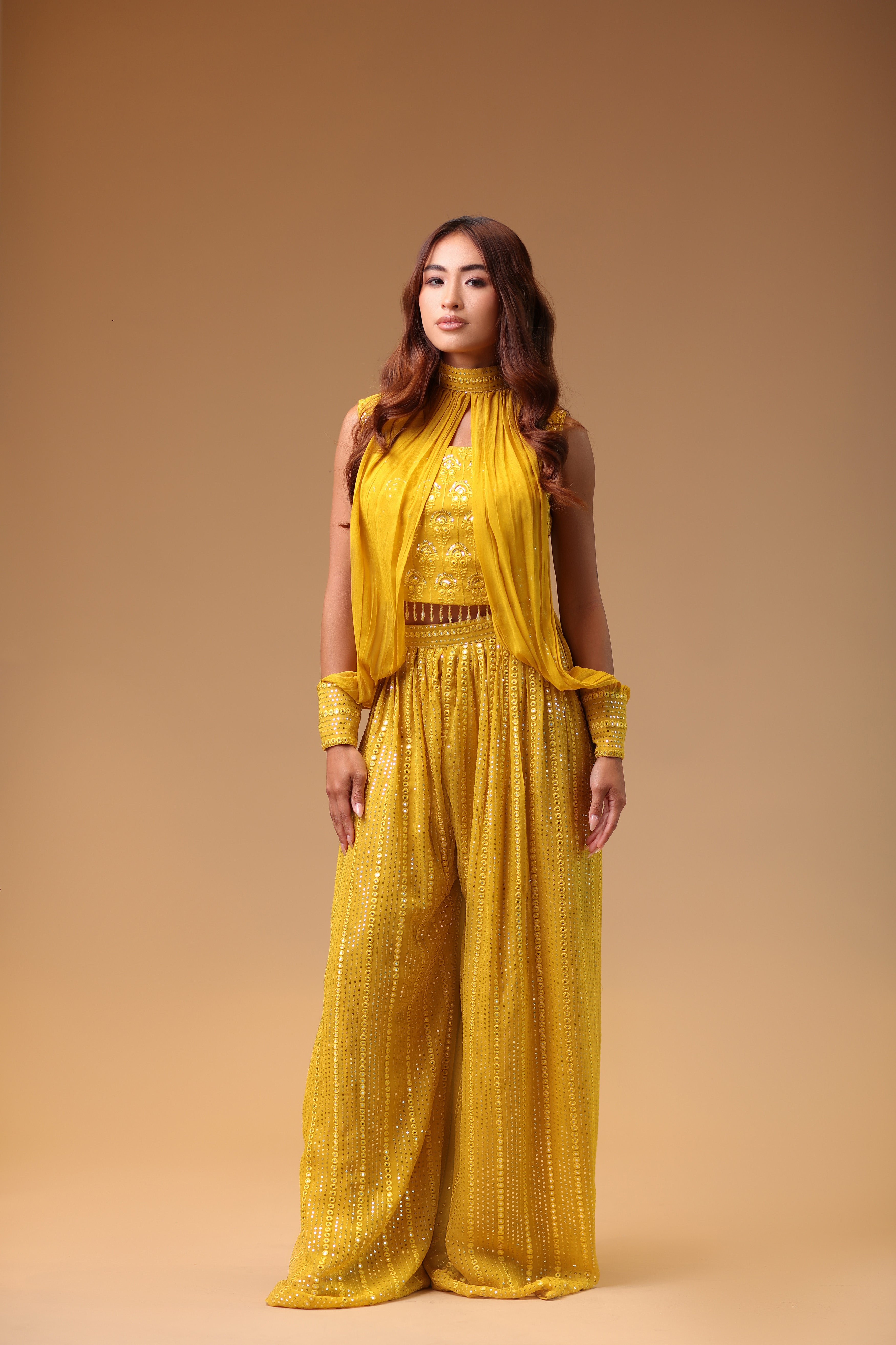 Fruity Ensemble of Sequined Sharara With Sleeveless CropTop And Slit Sleeves