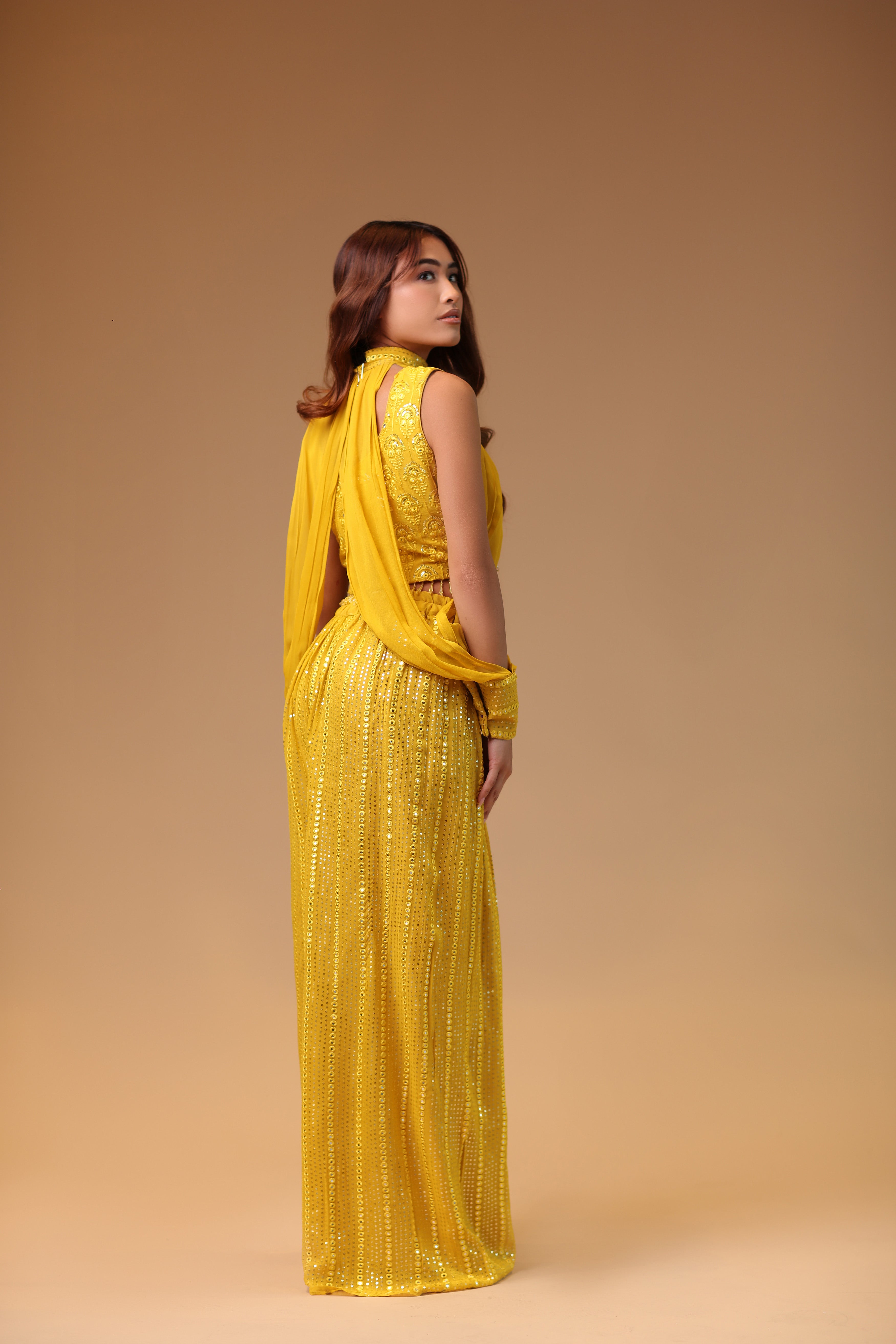 Fruity Ensemble of Sequined Sharara With Sleeveless CropTop And Slit Sleeves