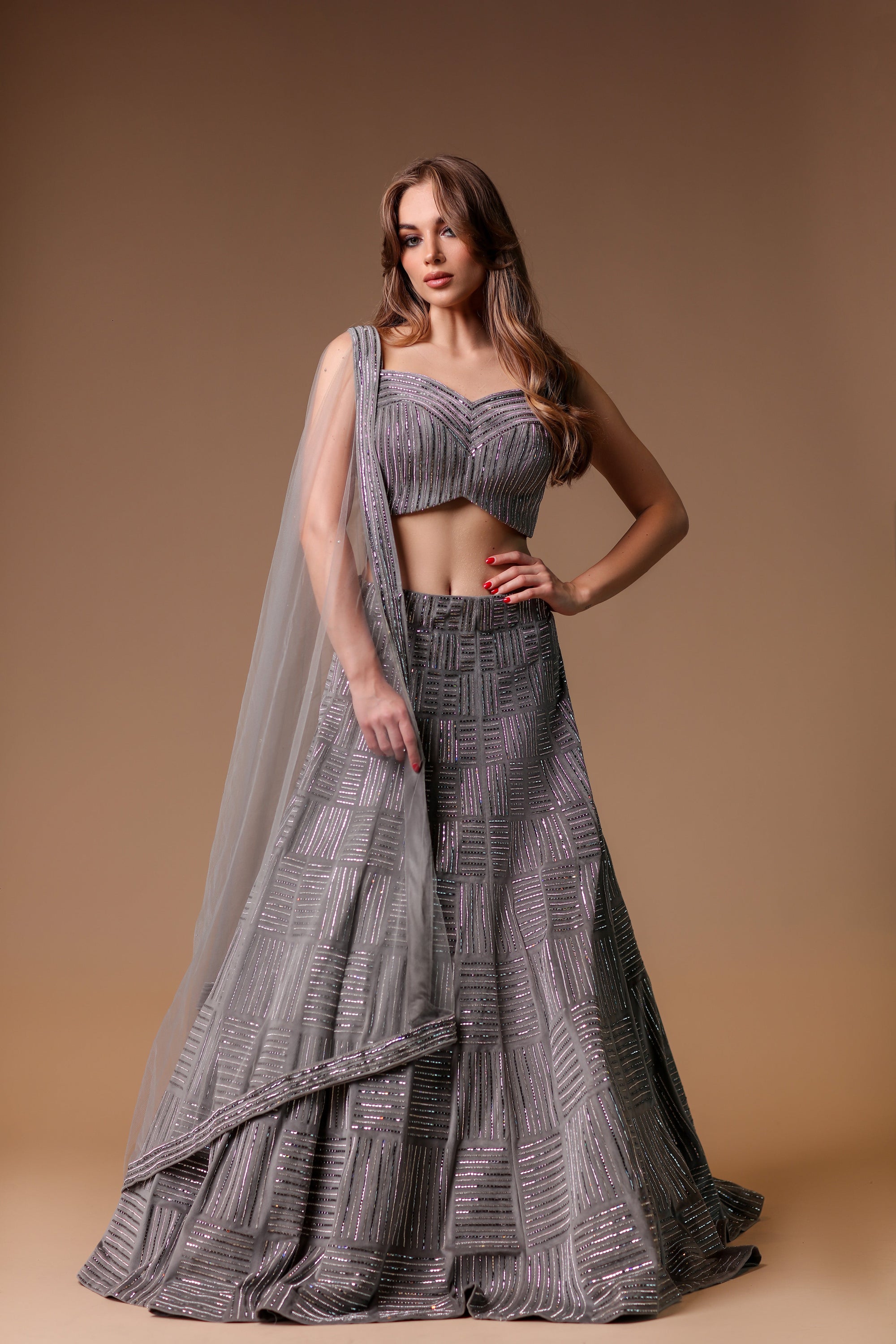 Monotone Metallic Grey Ensemble Featuring an Embellished Lehenga And A –  MEENA BAZAAR CANADA