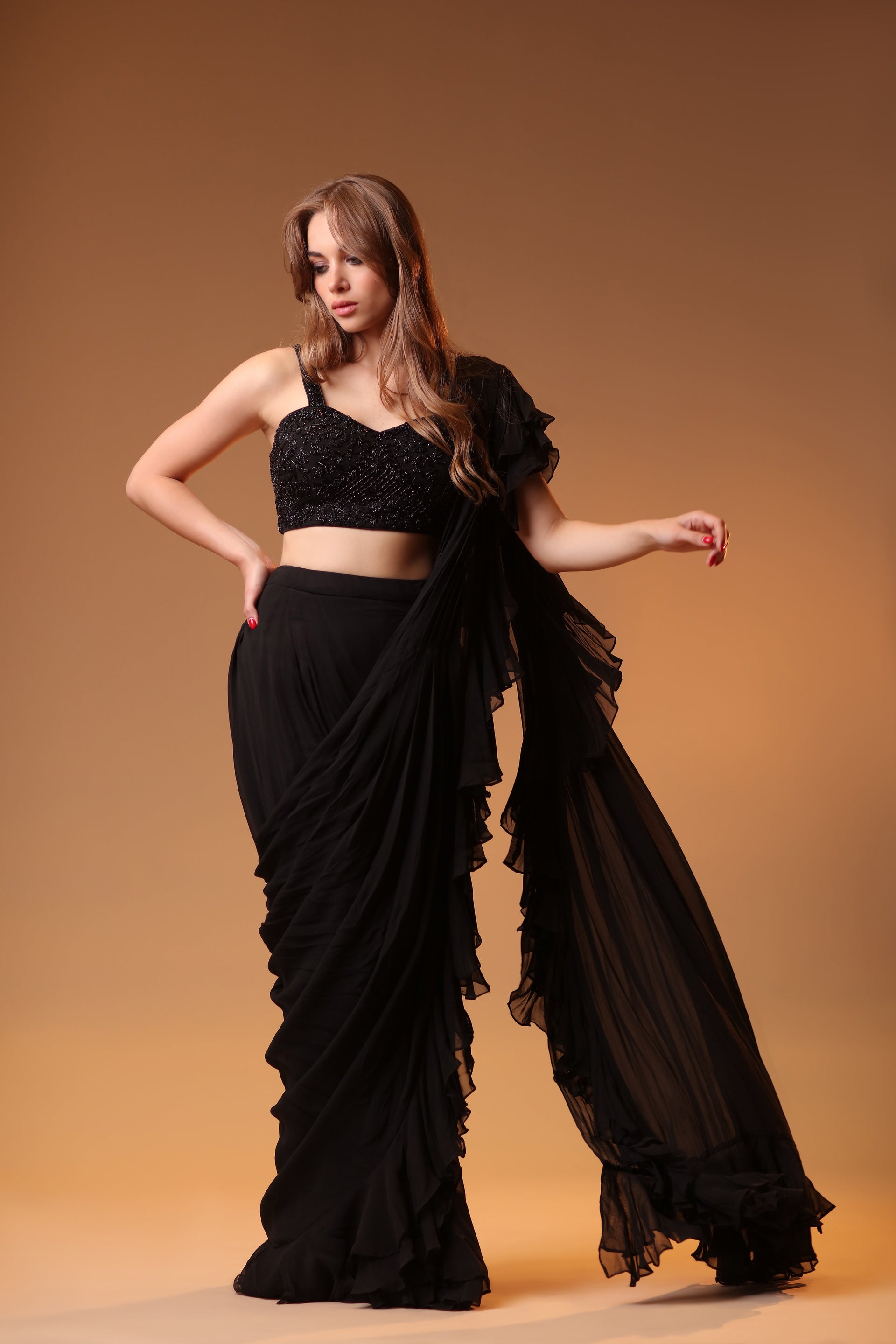 Buy Black Sleeveless Insta Saree With Belt And Tailored Jacket Set Online -  W for Woman