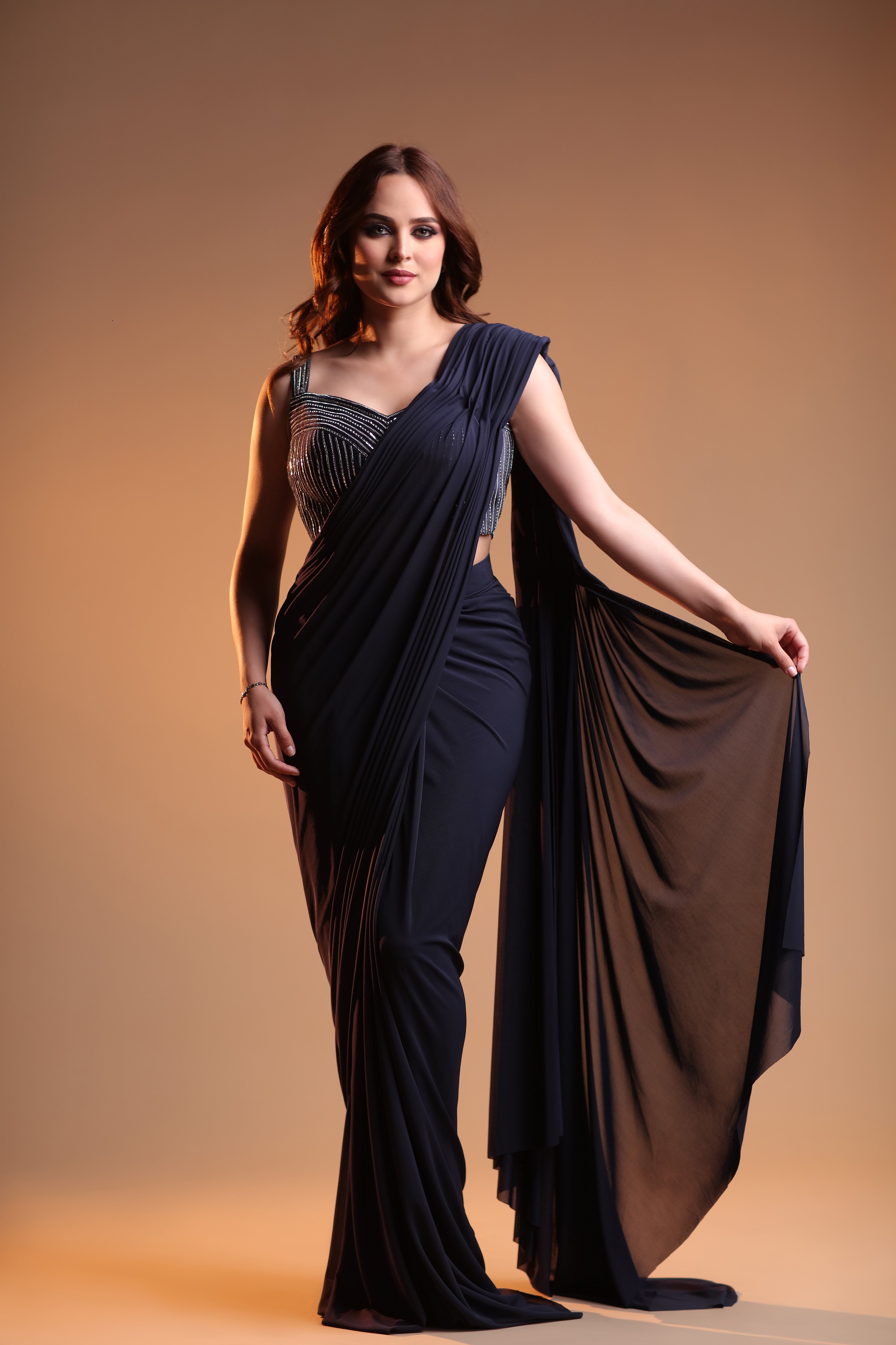 Casual Wear Over All Pleated Navy Blue Designer Saree With Silk Blouse –  Kaleendi