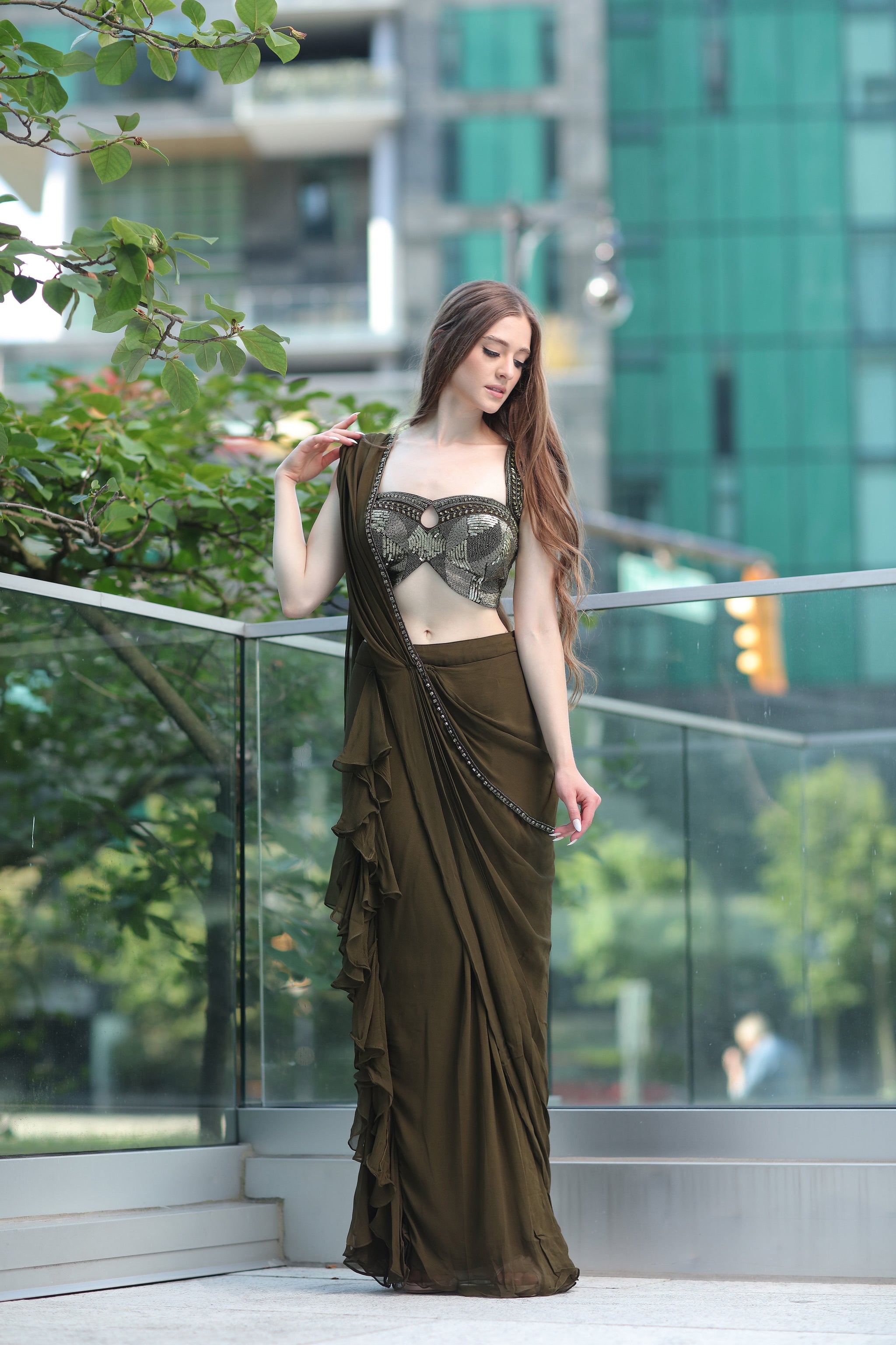 Sassy Indo-western Brown Saree