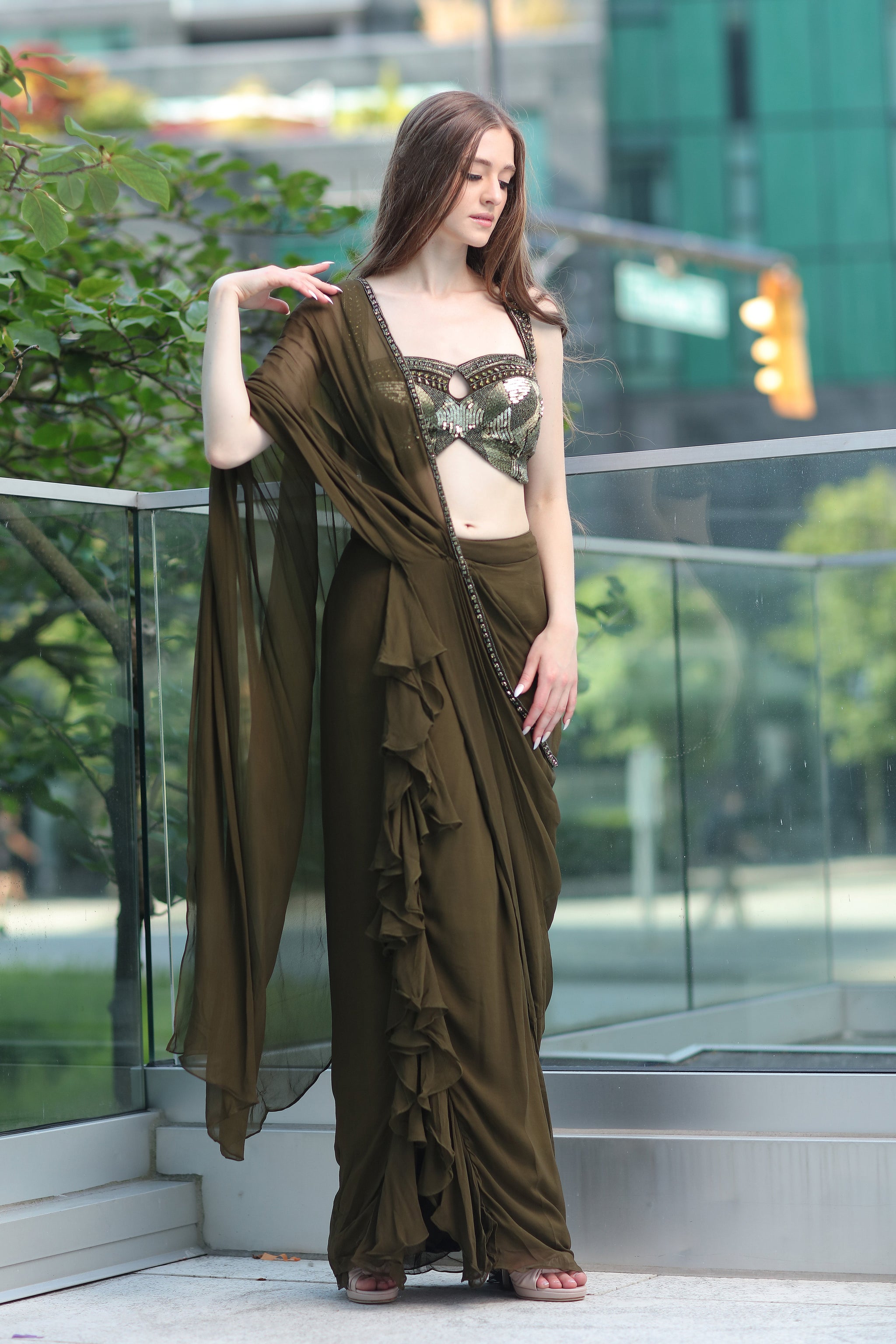 Sassy Indo-western Brown Saree