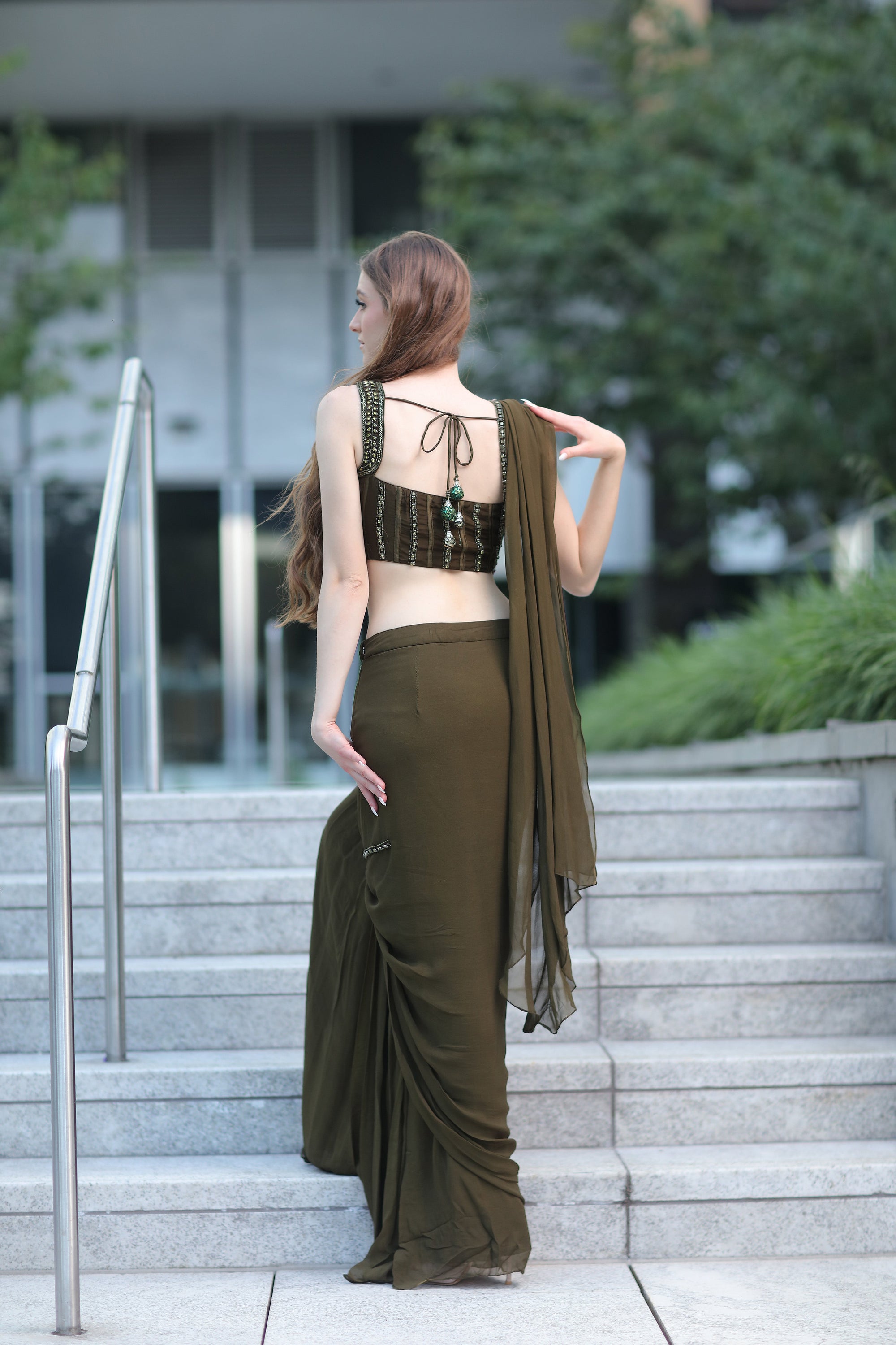 Sassy Indo-western Brown Saree