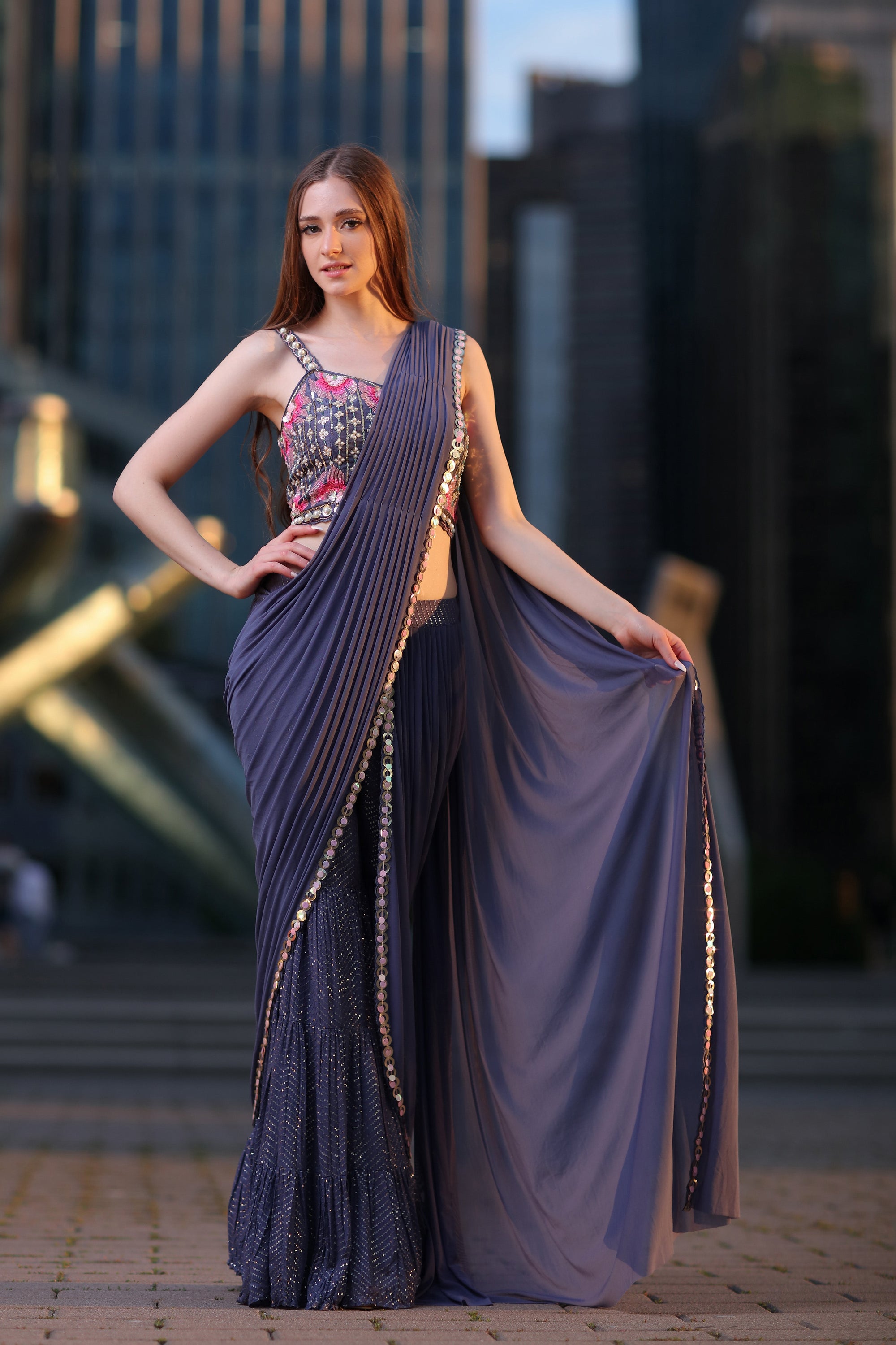 Ecstatic Navy Blue gharara-style Saree