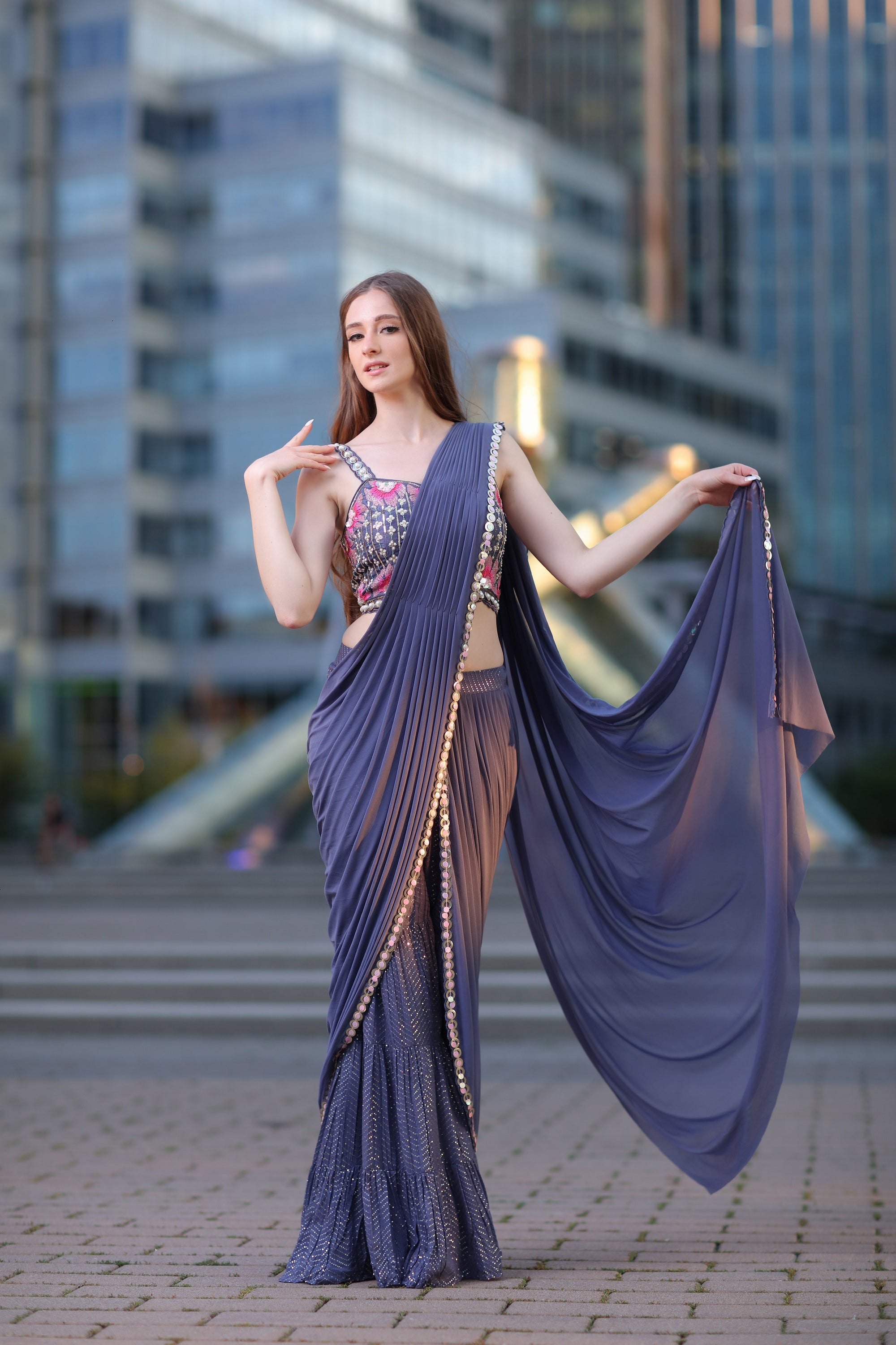 Ecstatic Navy Blue gharara-style Saree