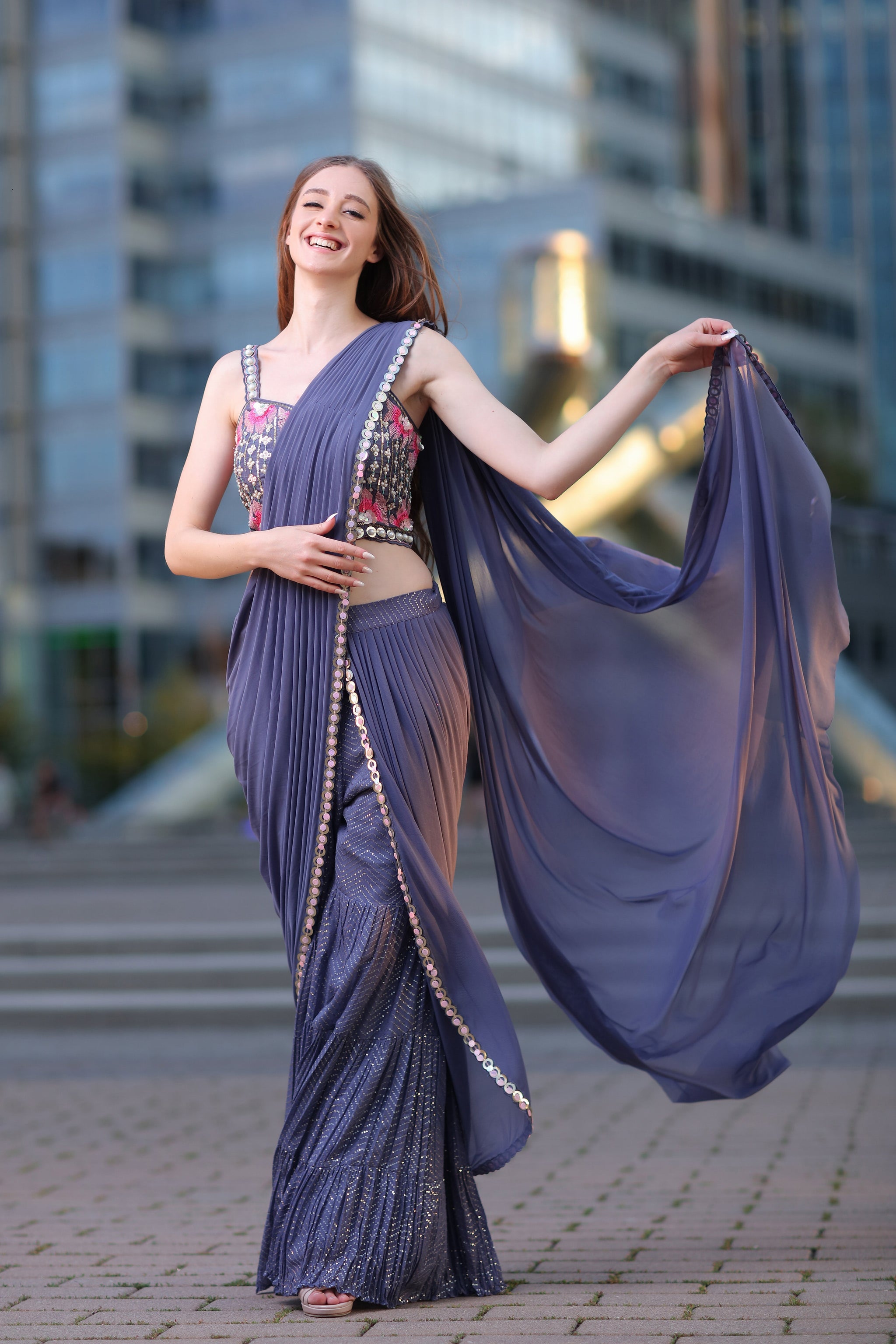 Ecstatic Navy Blue gharara-style Saree