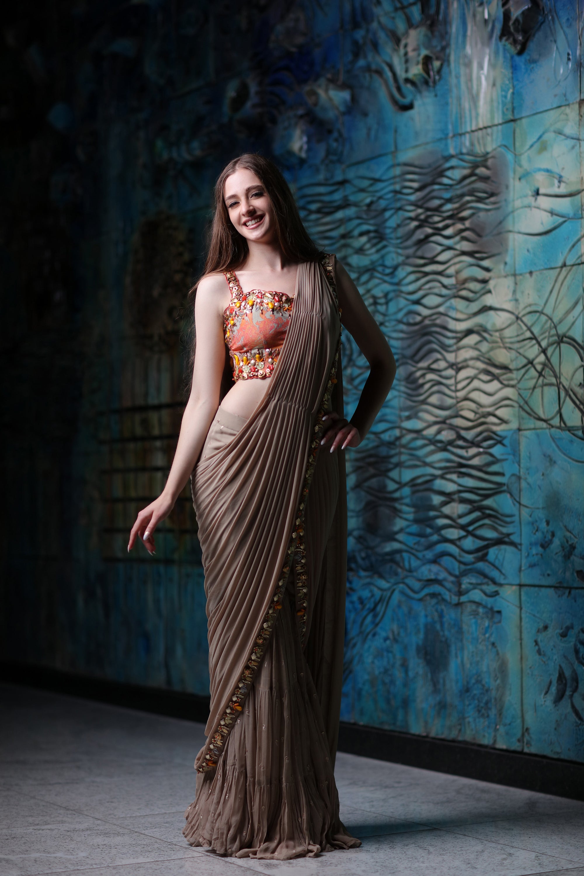 Buy Mocha Brown Ready-To-Wear Saree With Embroidered Blouse In Knit Fabric  And Pleated Satin