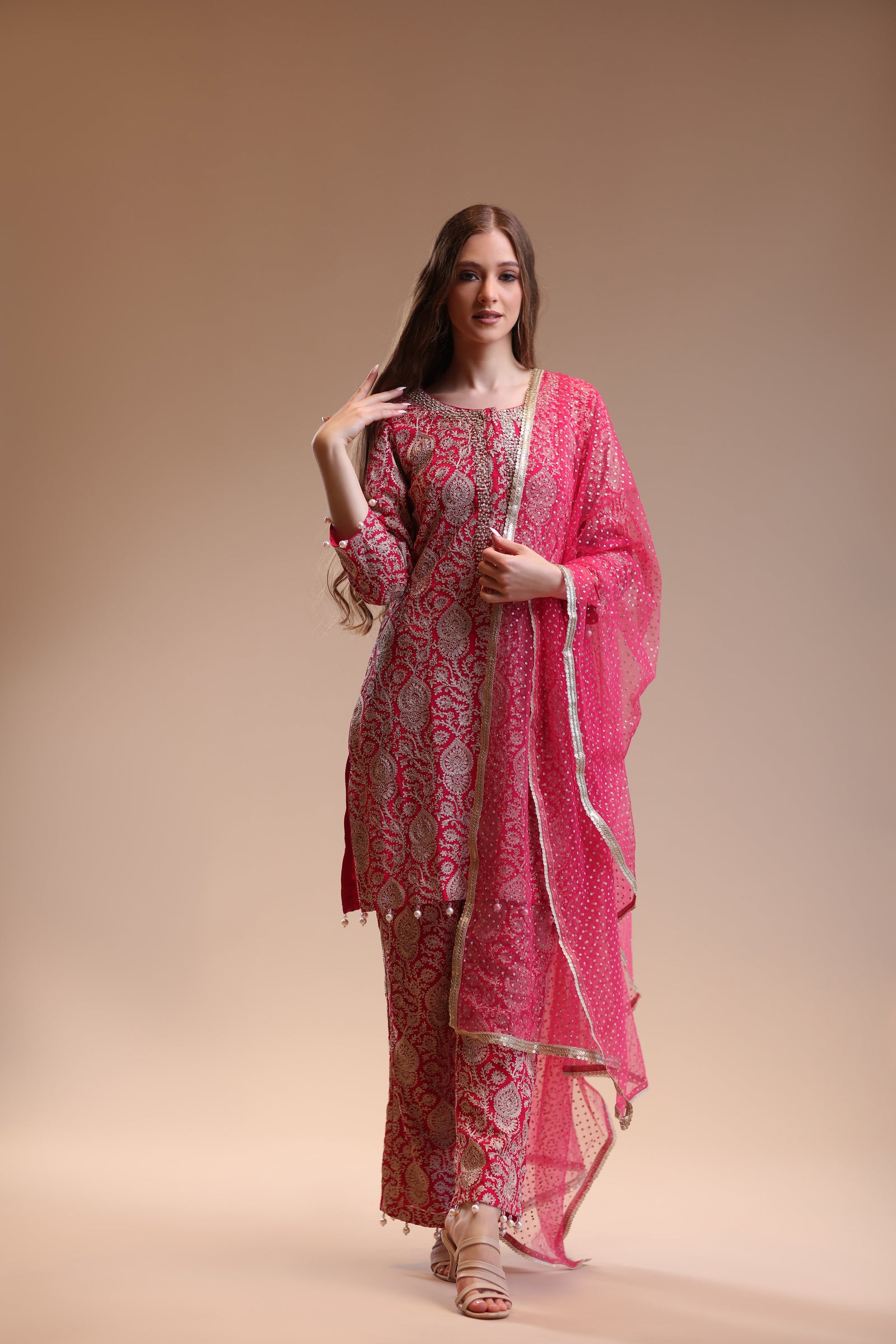 Classic Shocking Pink Ensemble of Embellished Kameez And Trousers