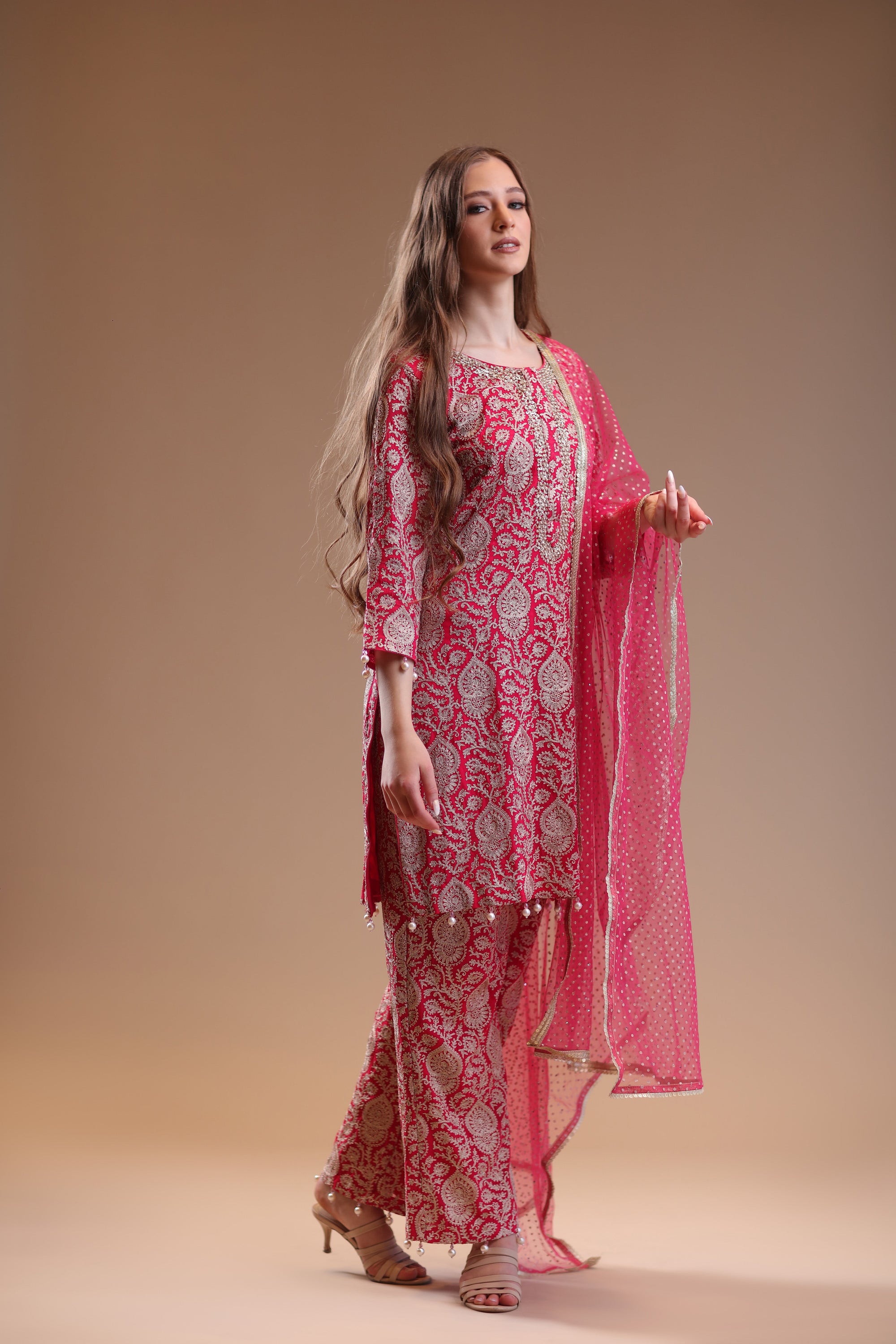 Classic Shocking Pink Ensemble of Embellished Kameez And Trousers