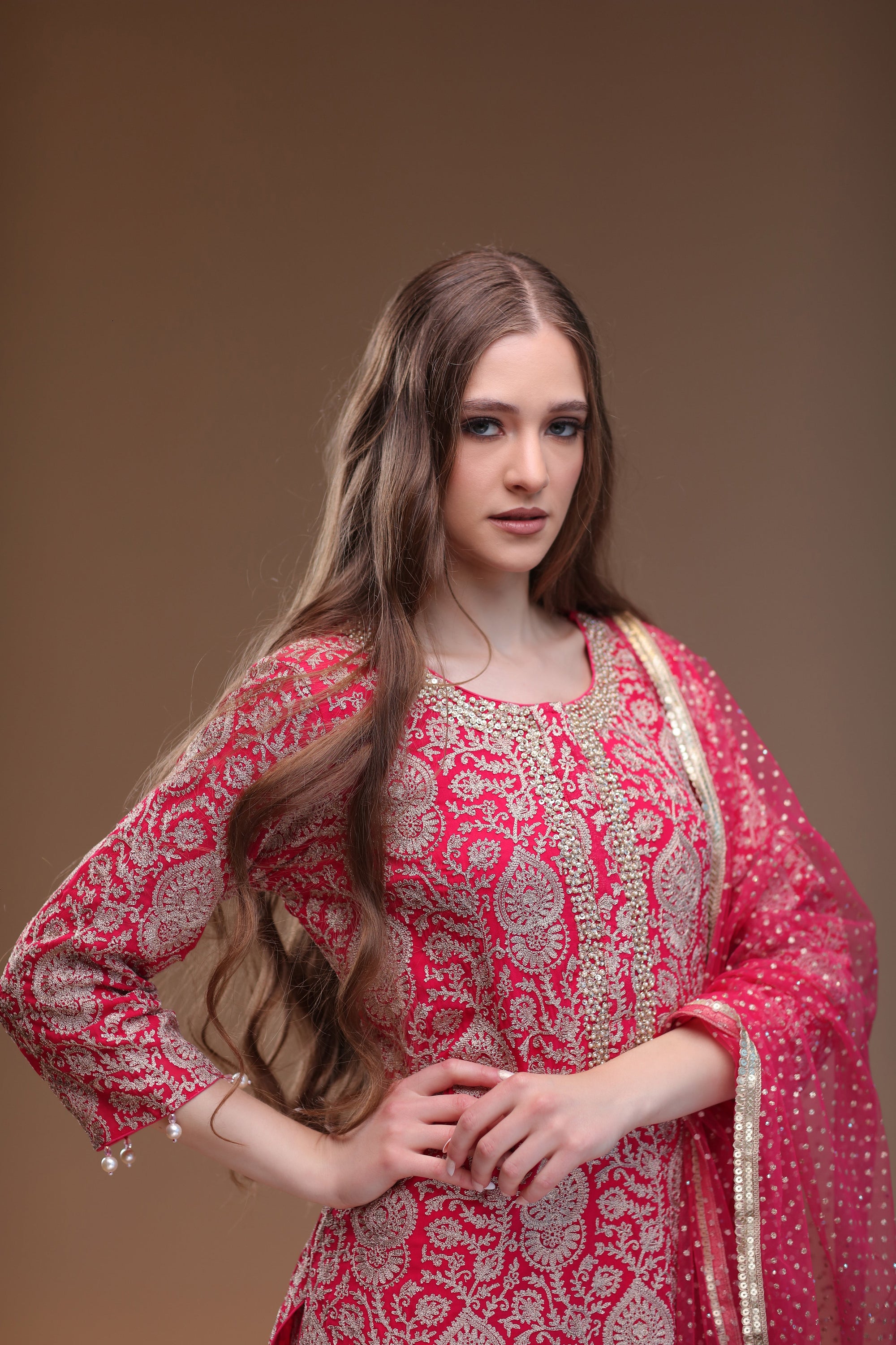 Classic Shocking Pink Ensemble of Embellished Kameez And Trousers