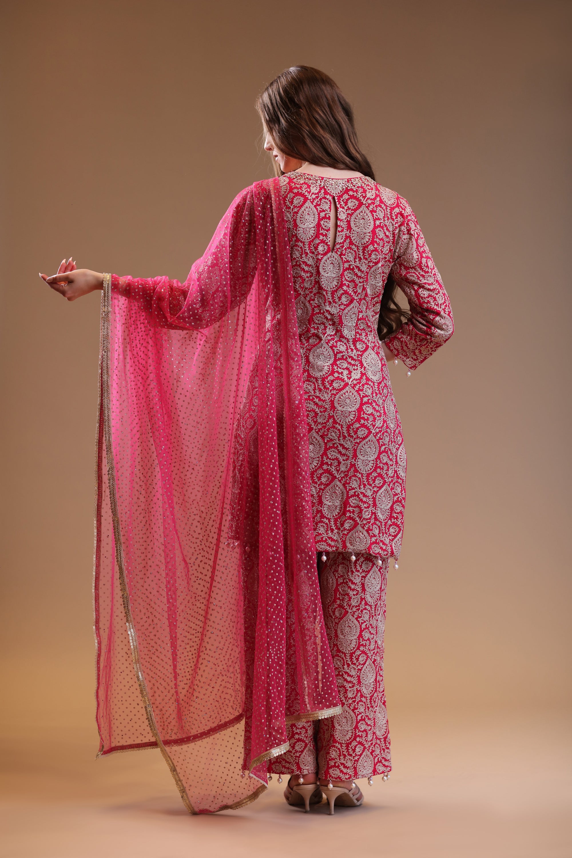 Classic Shocking Pink Ensemble of Embellished Kameez And Trousers