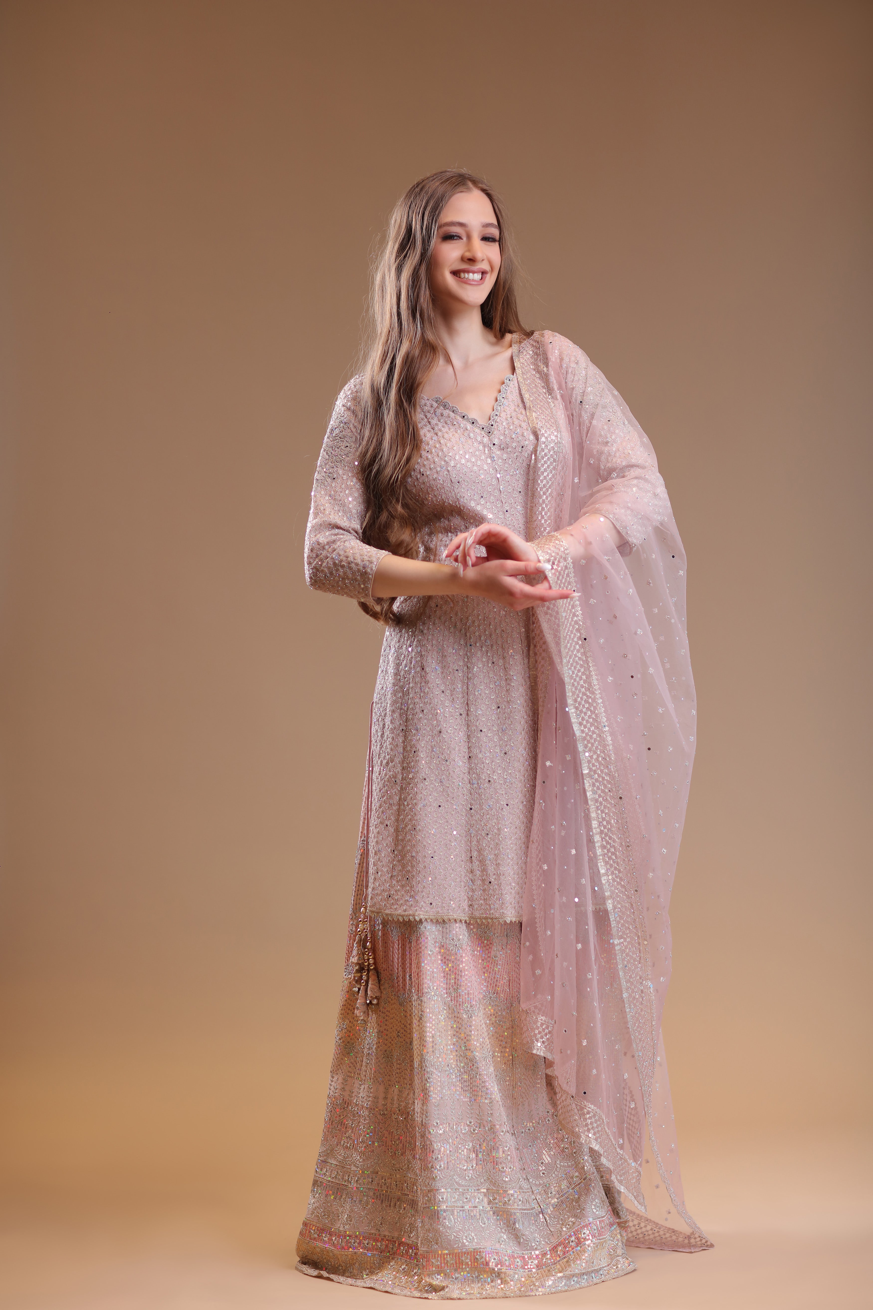 Sublime Two-toned Ensemble Featuring Embellished sharara suit