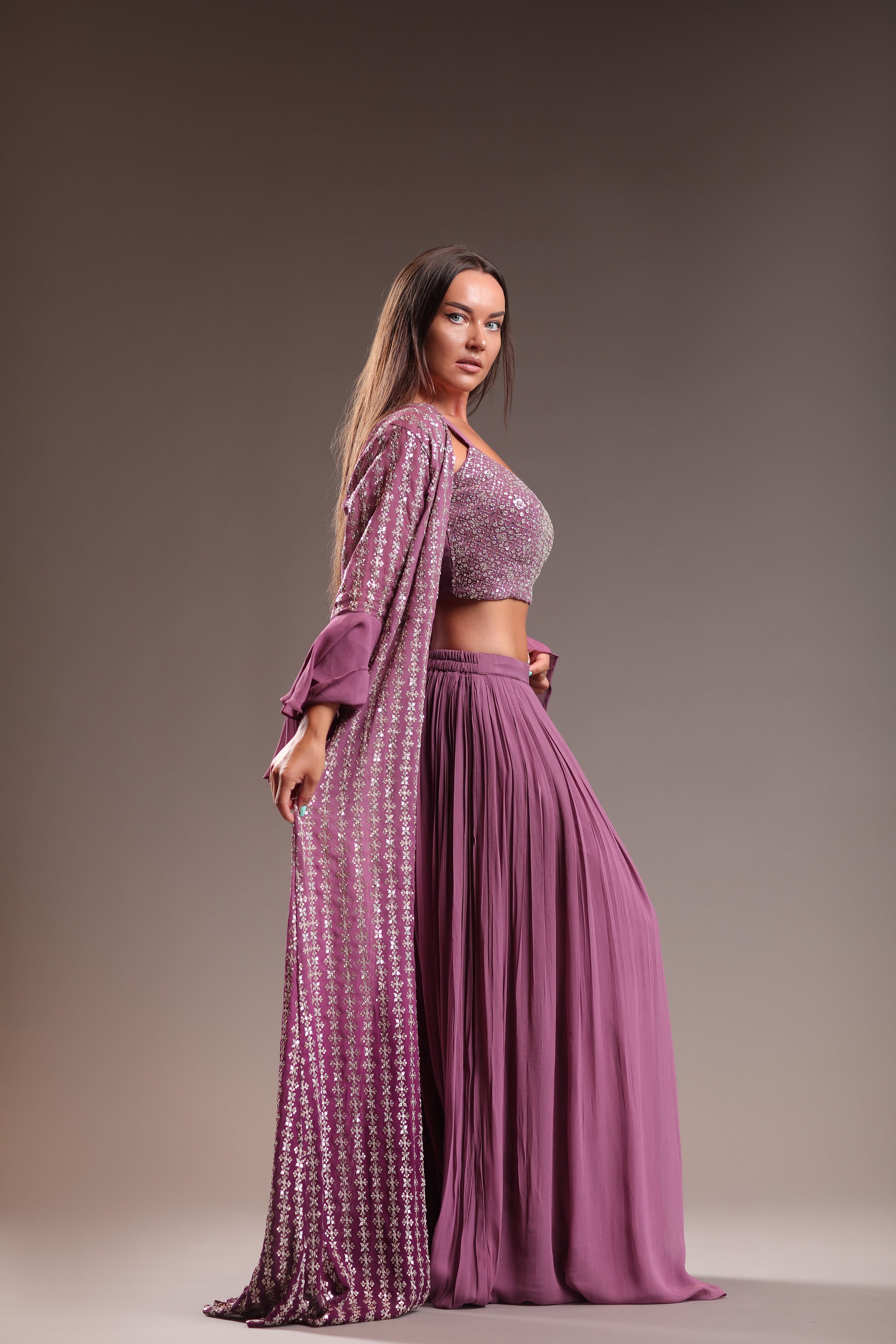 Chic Lilac Sharara With Sequined croptop