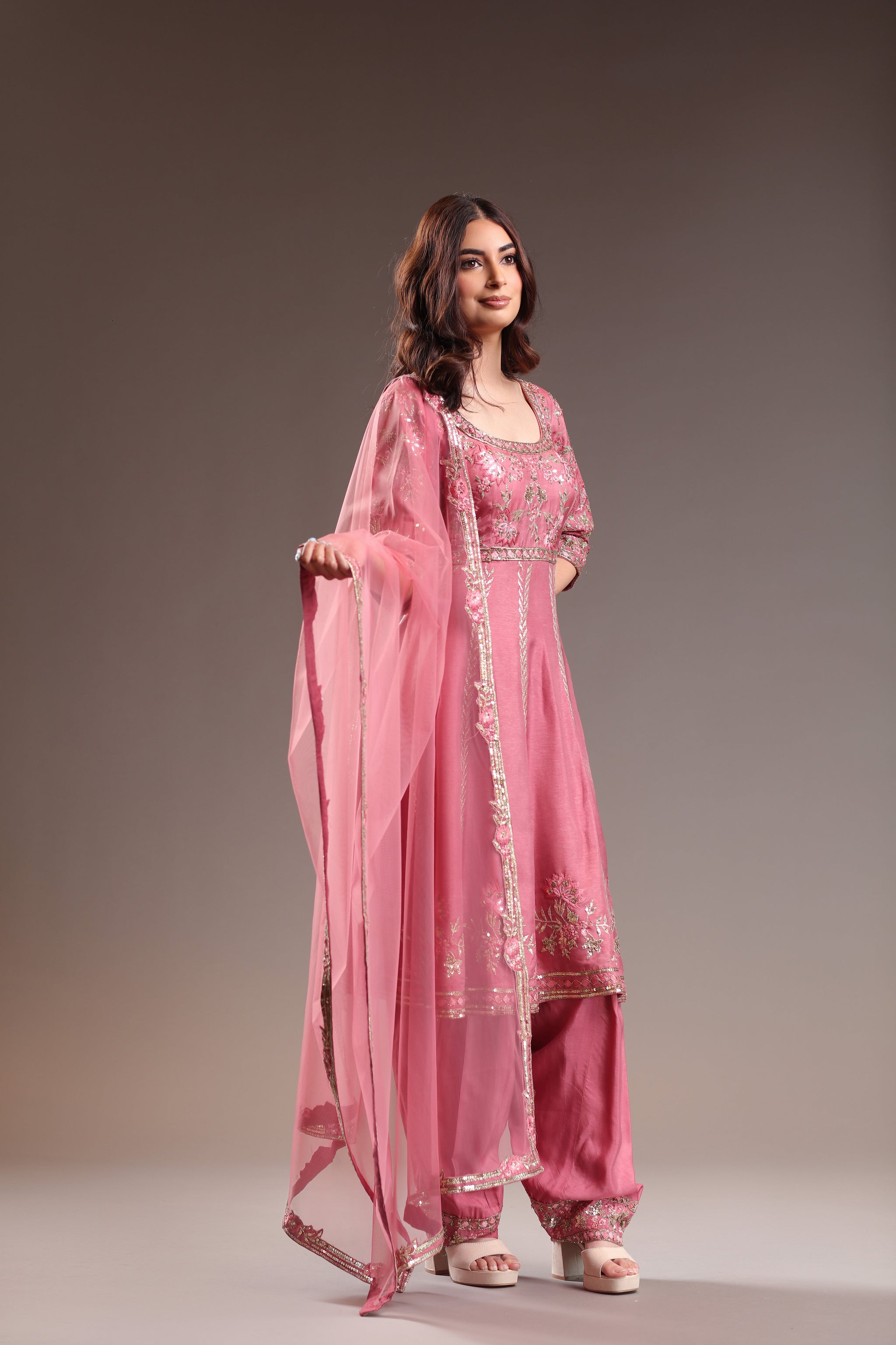 Elegant Rosy Outfit  Featuring Embellished Anarkali With Salwar