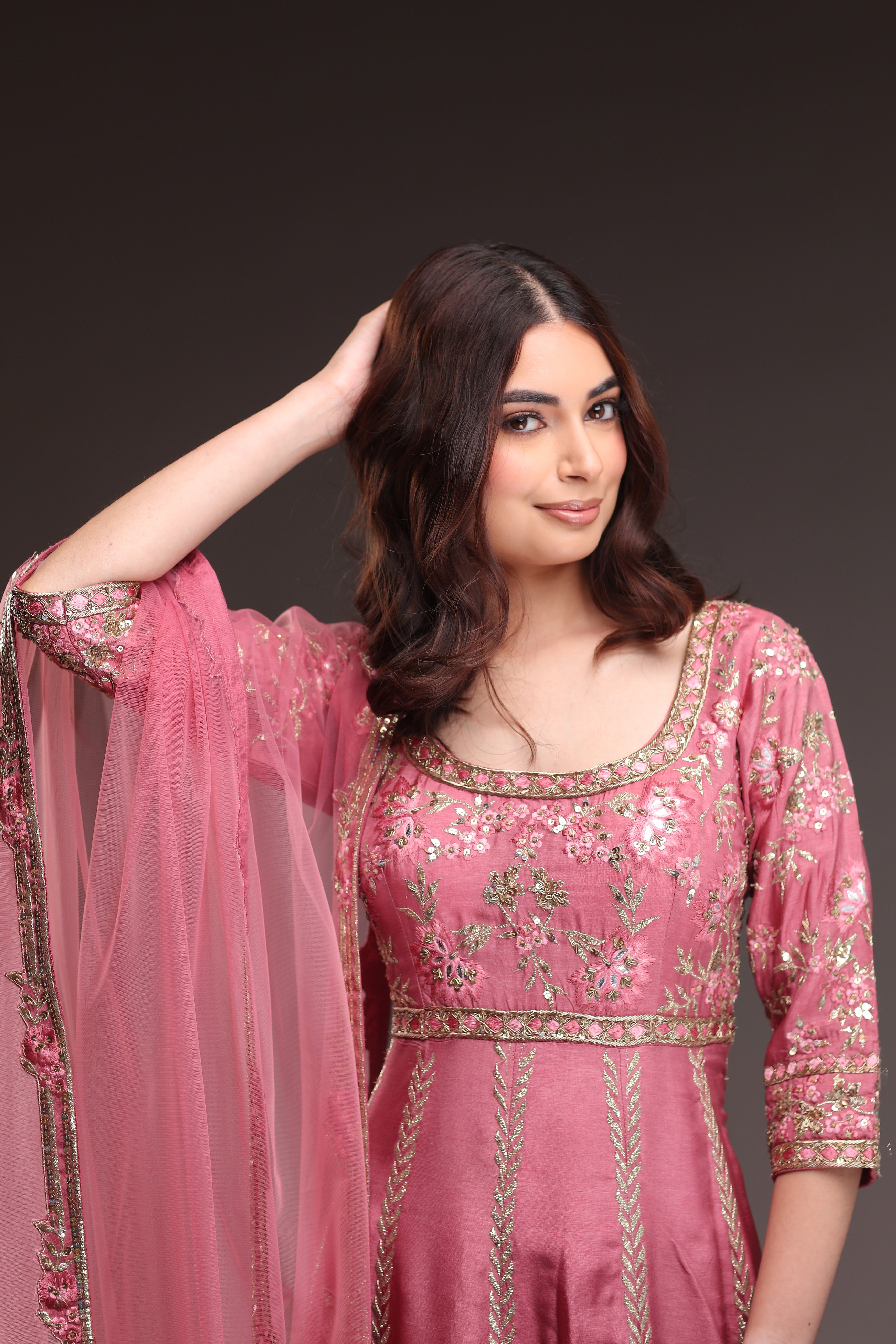 Elegant Rosy Outfit  Featuring Embellished Anarkali With Salwar