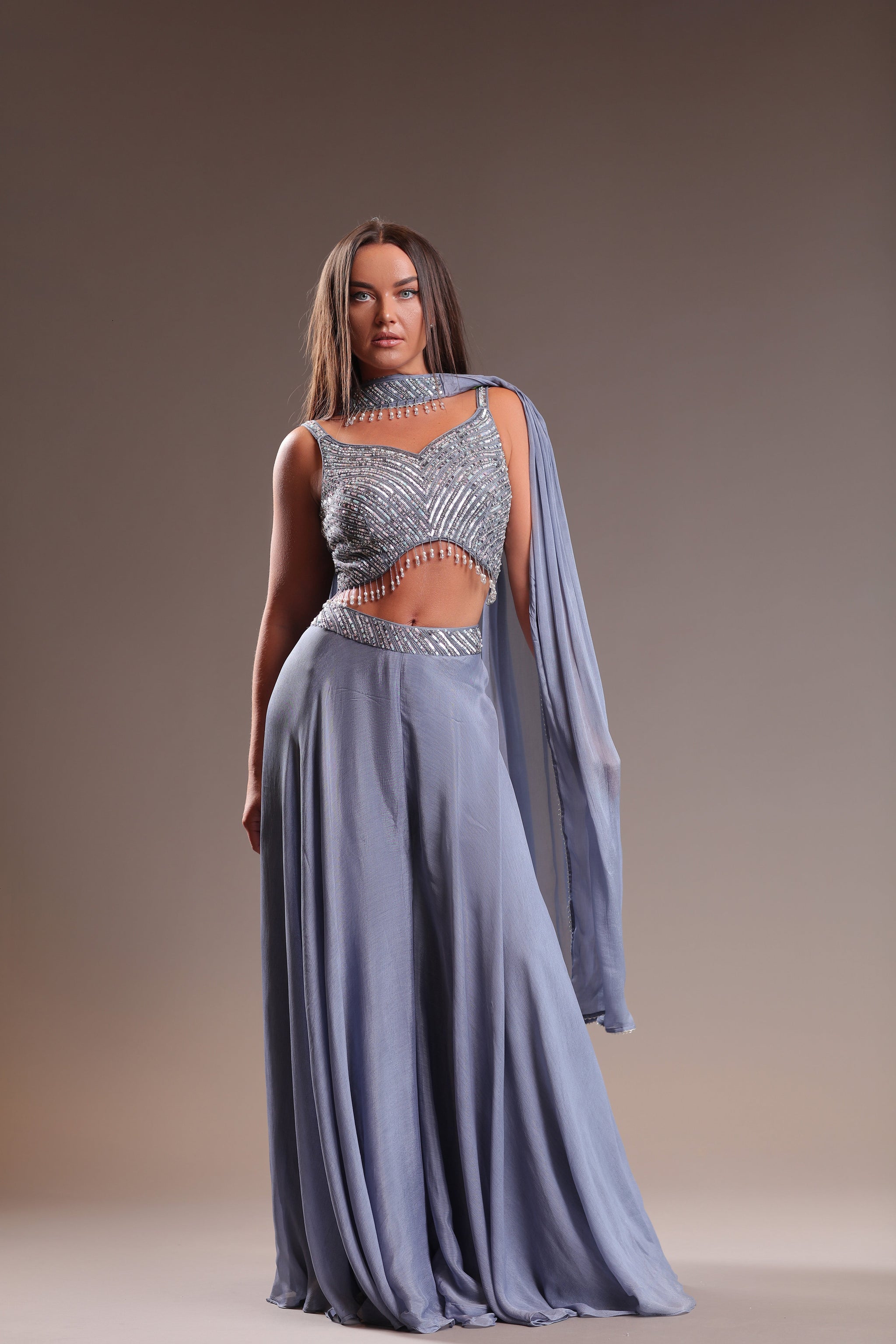 Sassy Aquamarine Ensemble  Featuring Sharara and Sequined croptop