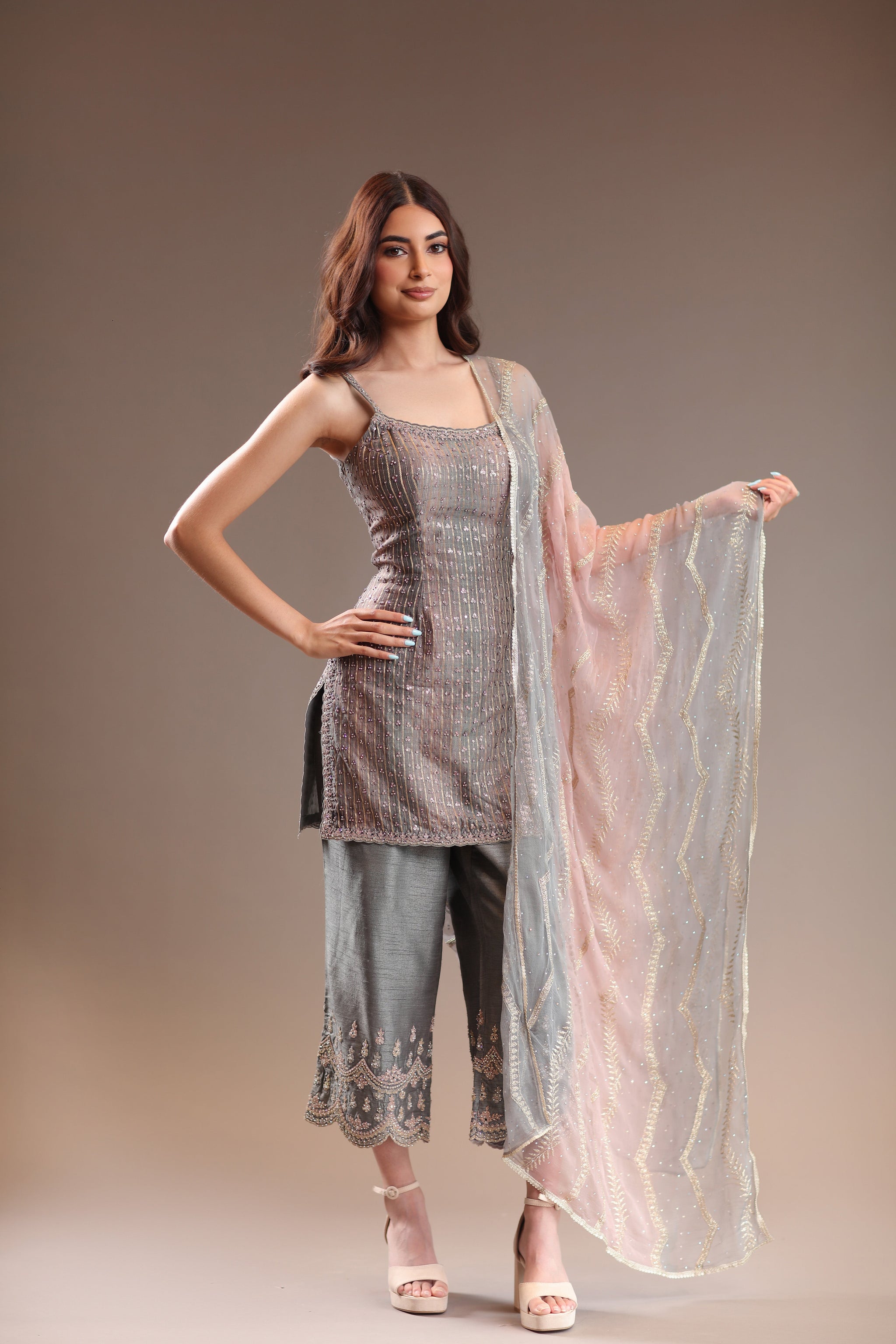 Sassy Metallic Ensemble Featuring Kameez And Palazzo Pants