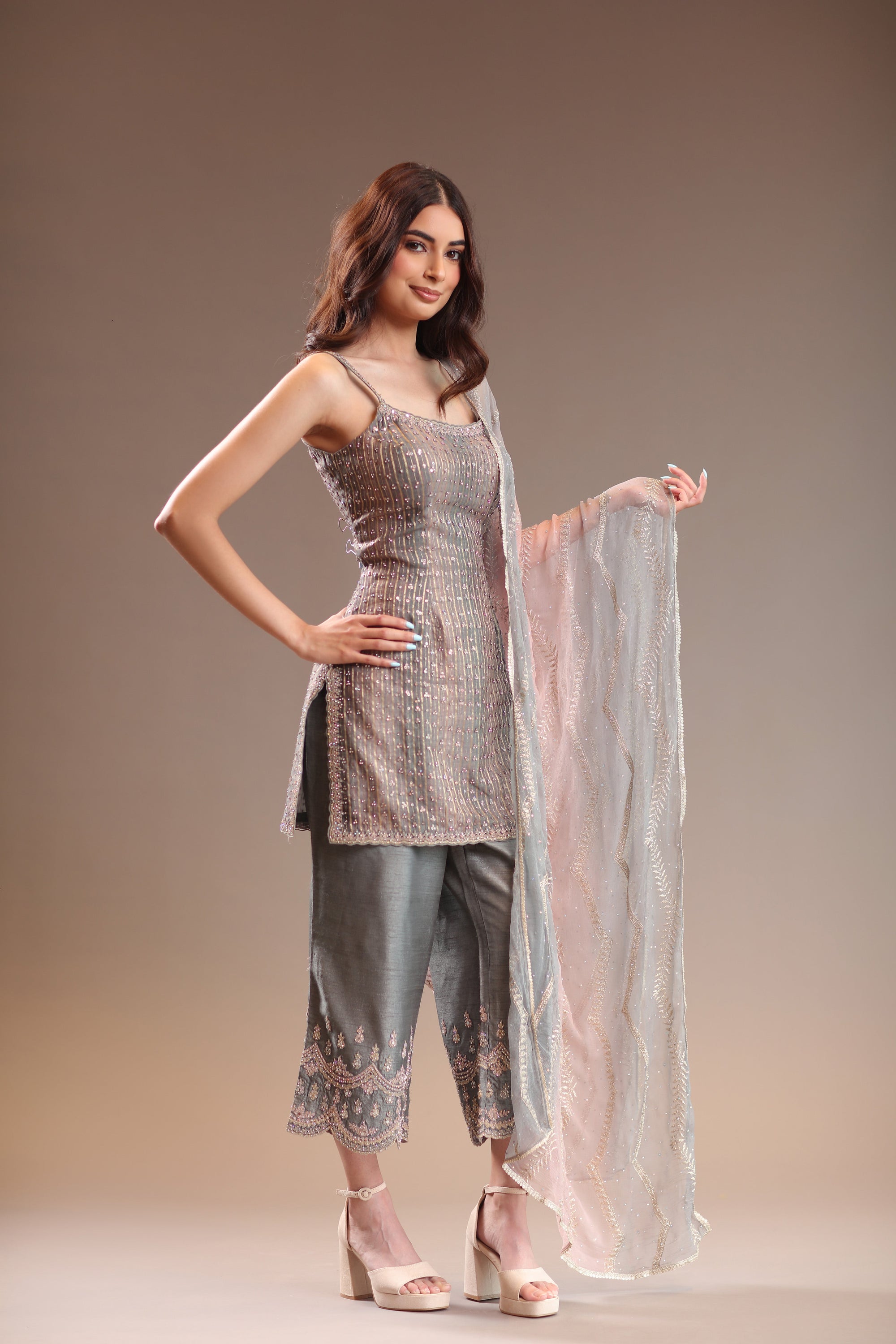 Sassy Metallic Ensemble Featuring Kameez And Palazzo Pants