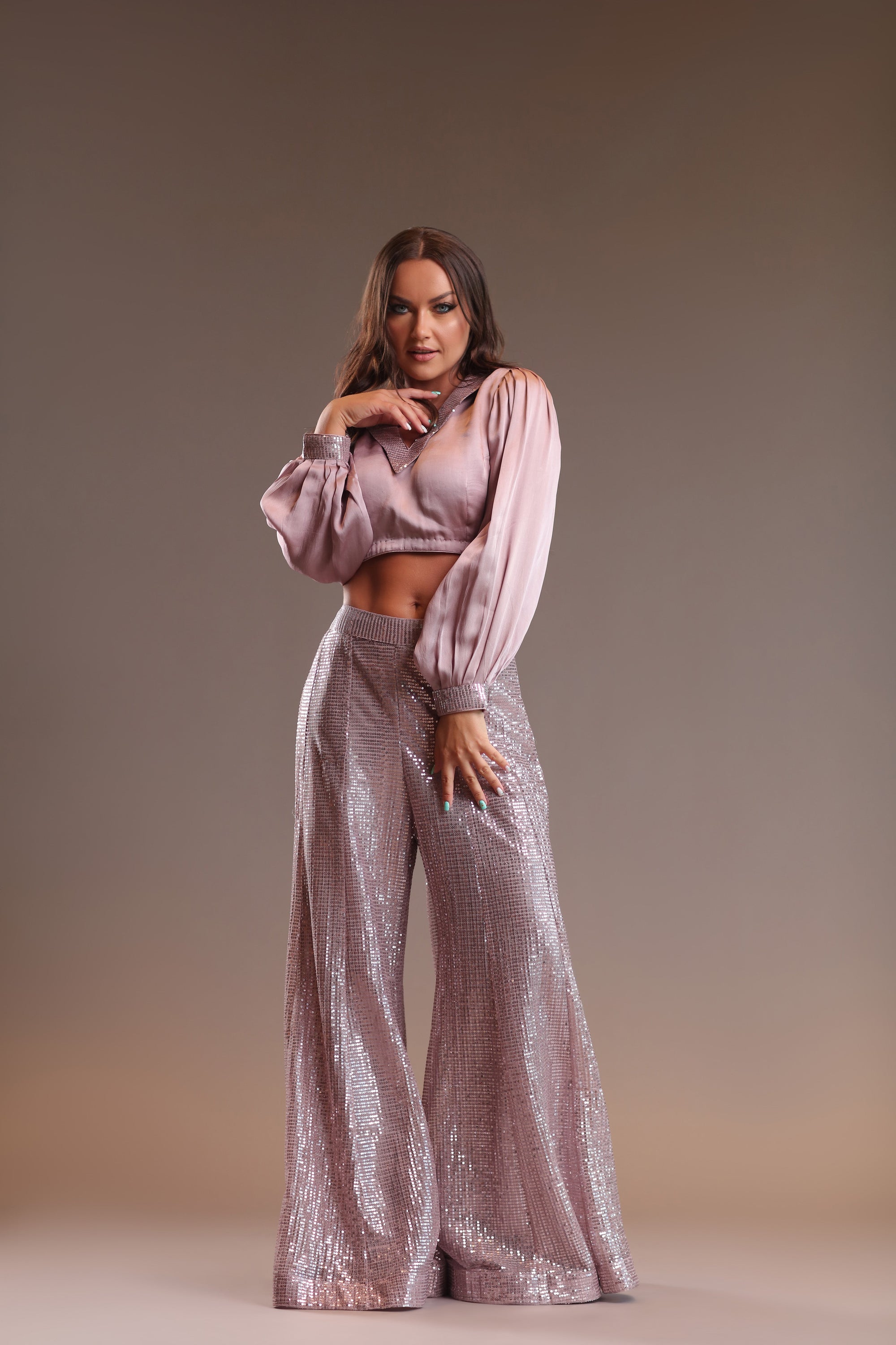 Shimmery Palazzo Pants with Crop Top