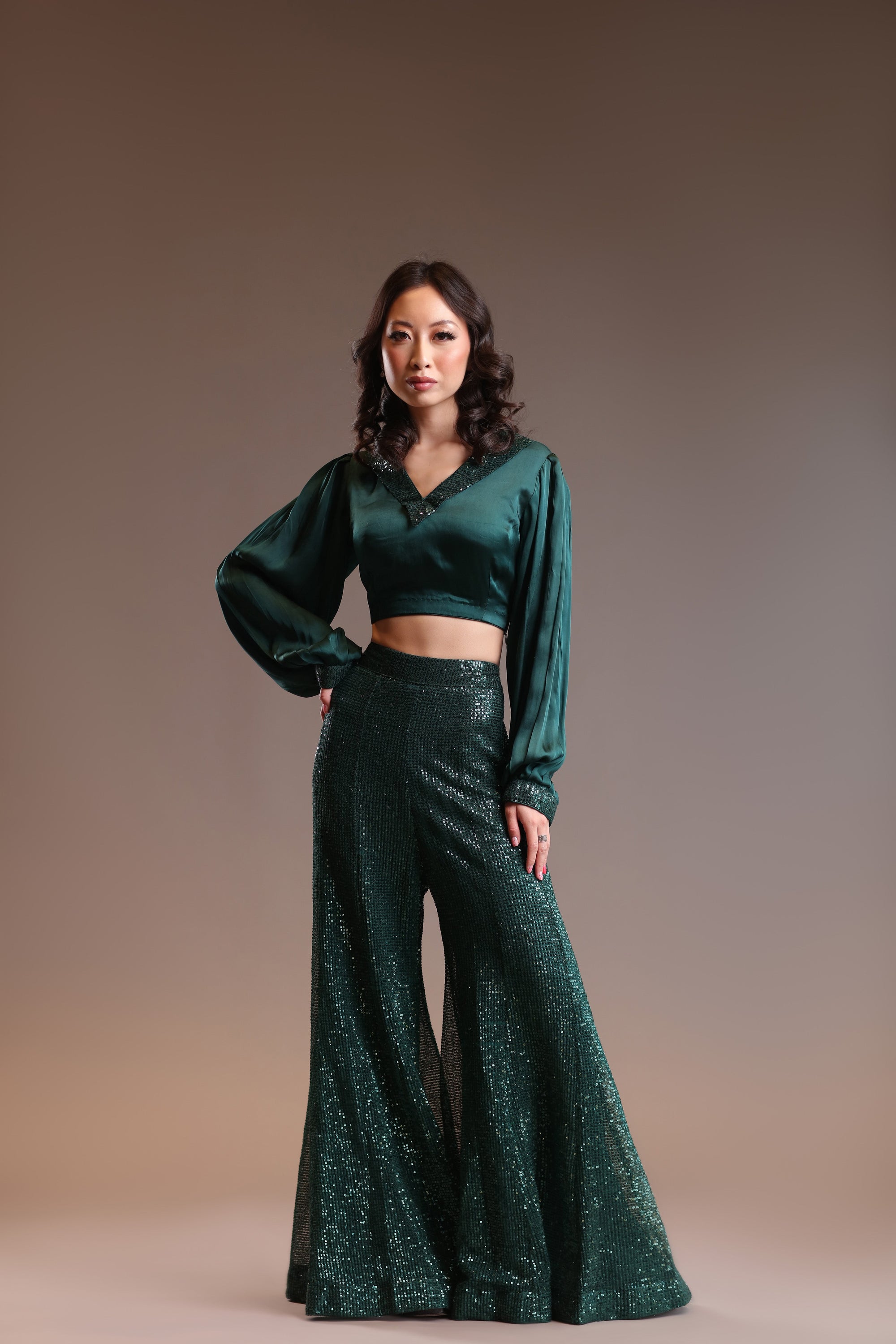 Shimmery Palazzo Pants with Crop Top