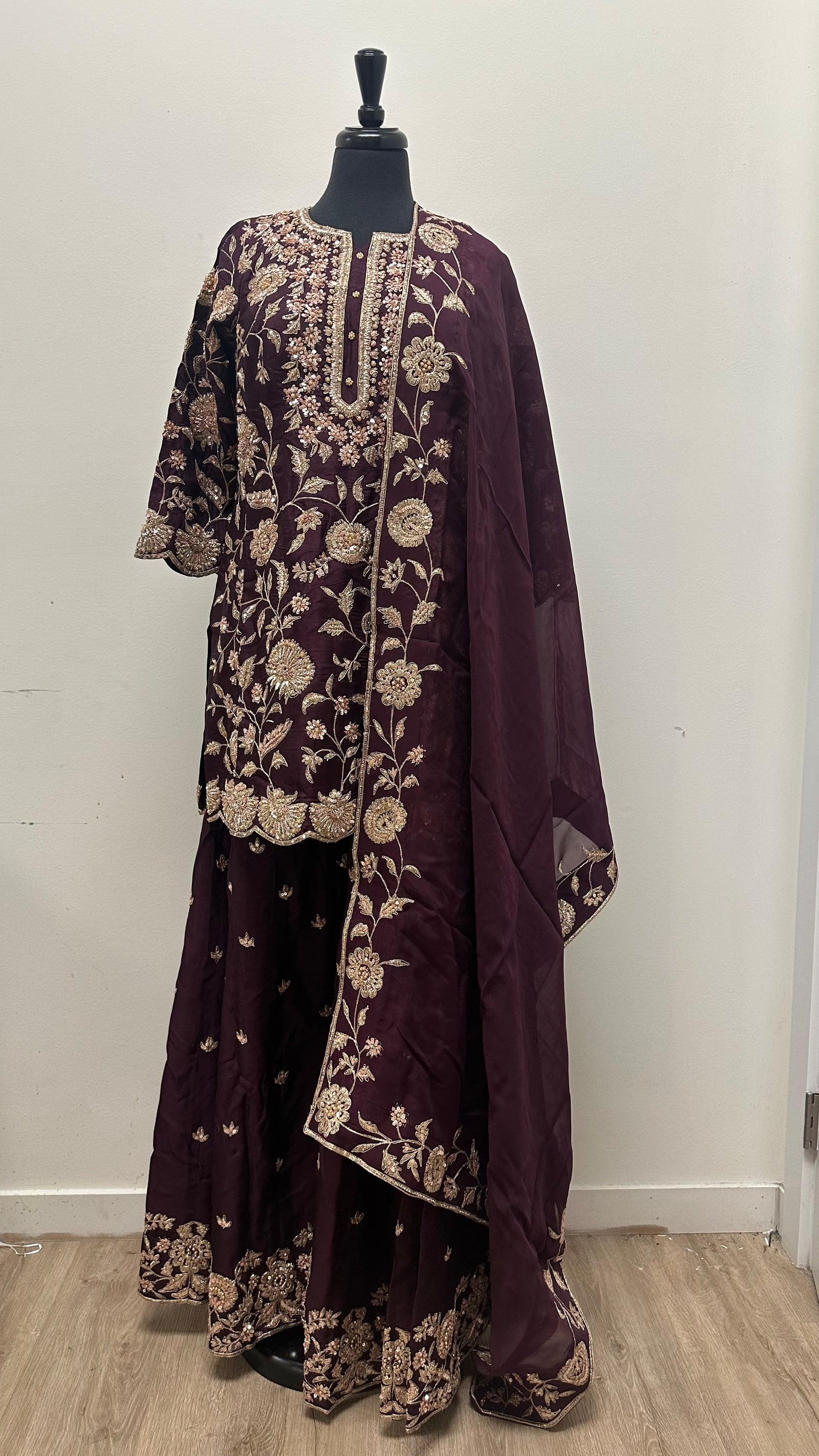 Gold Hand Embroidery Sharara Suit