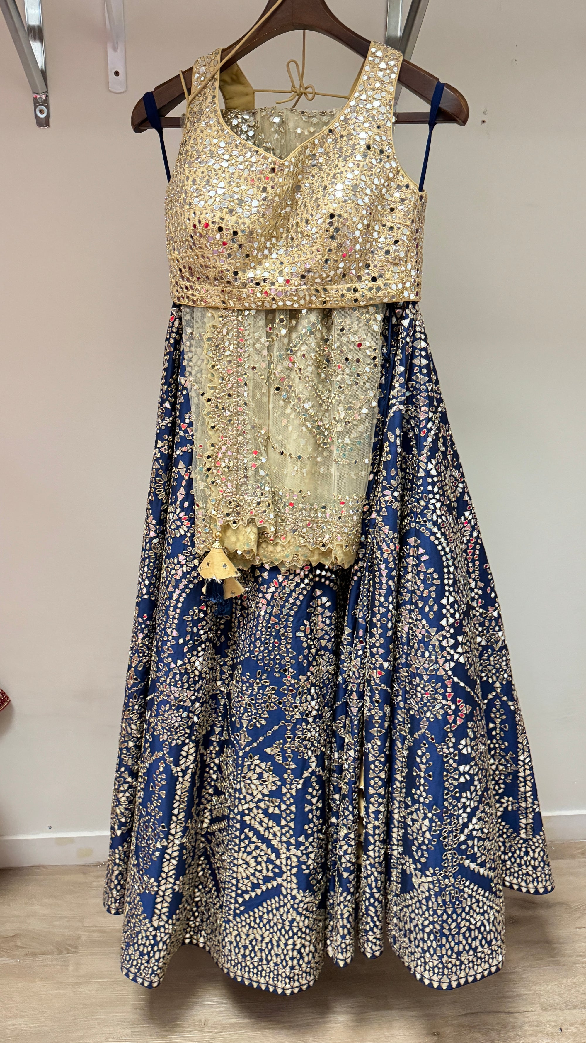 Navy Blue Lehenga with Beige Assembled Blouse