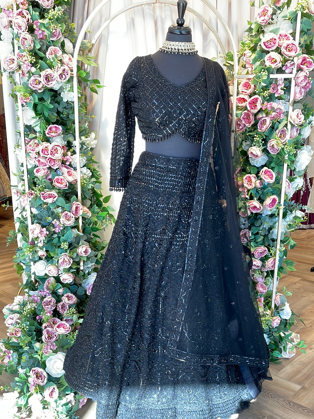 Luminous Black Sequins And Pearl Lehenga With Full Sleeve Blouse