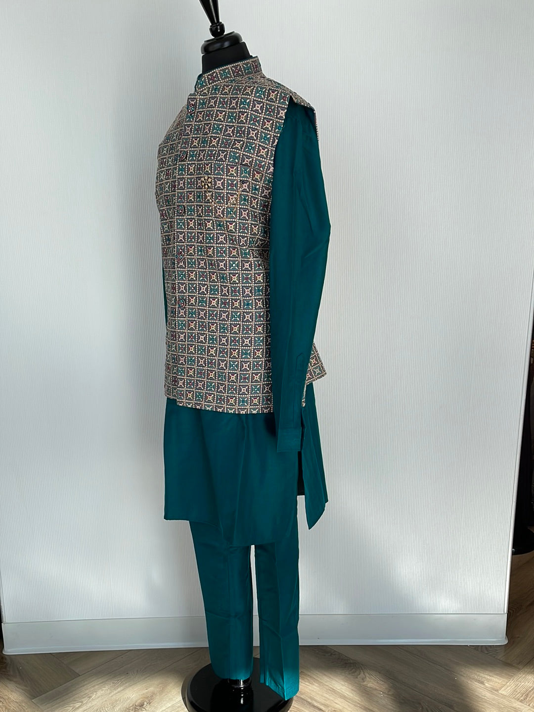 Royal teal kurta pajama with thread and mirror work jacket
