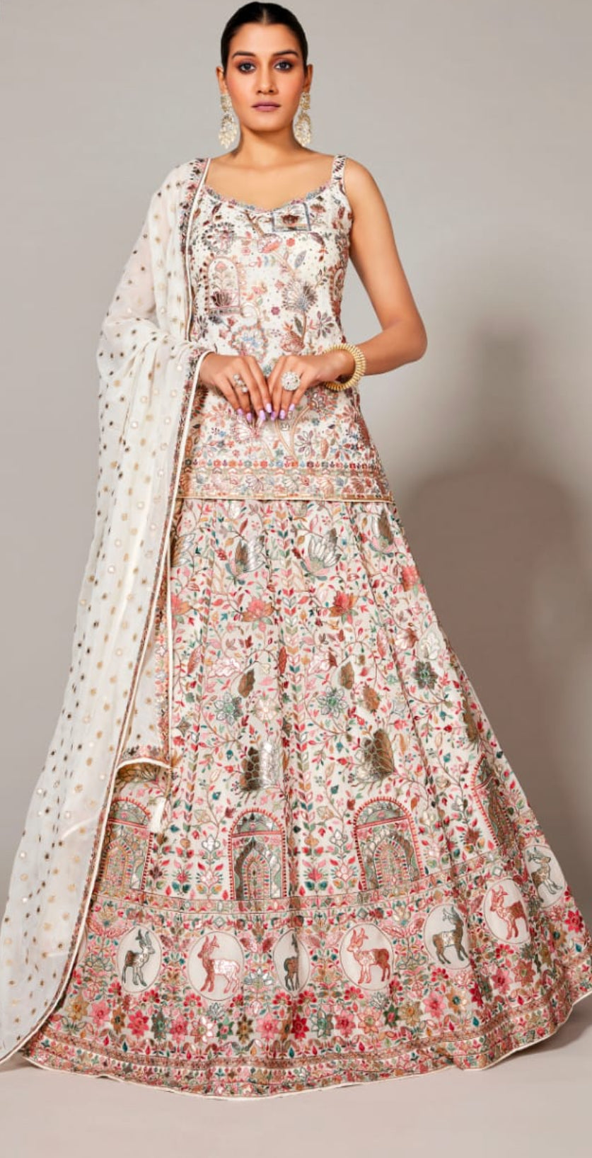 Thread Embroidery Long Shirt With Lehenga