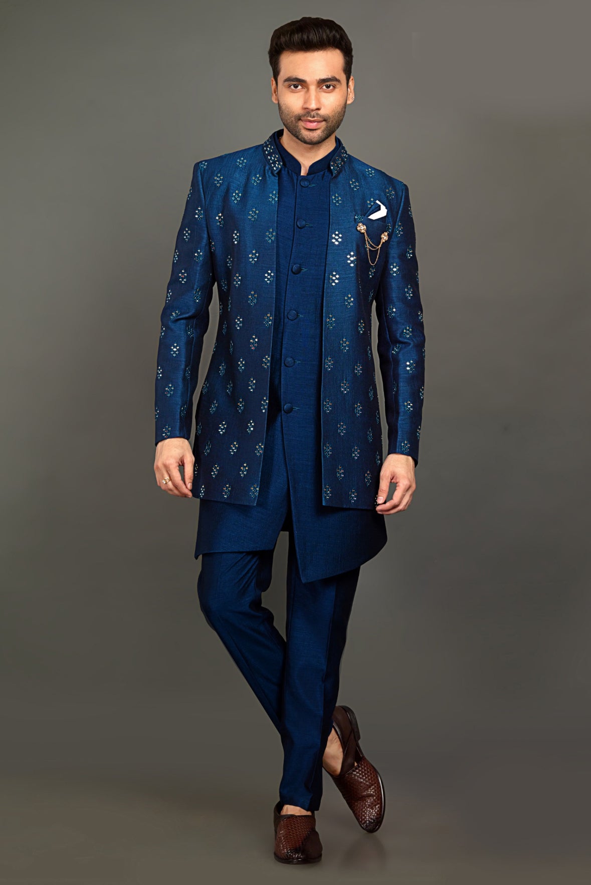 Navy Mirror Work Men's Kurta Pajama