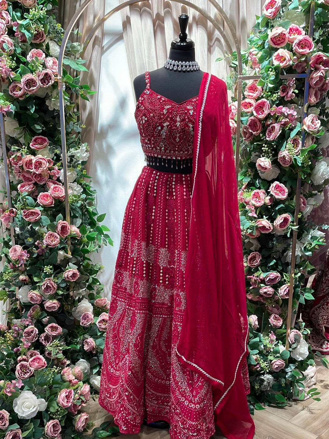 Red Hot Chikankari Sequins Lehenga